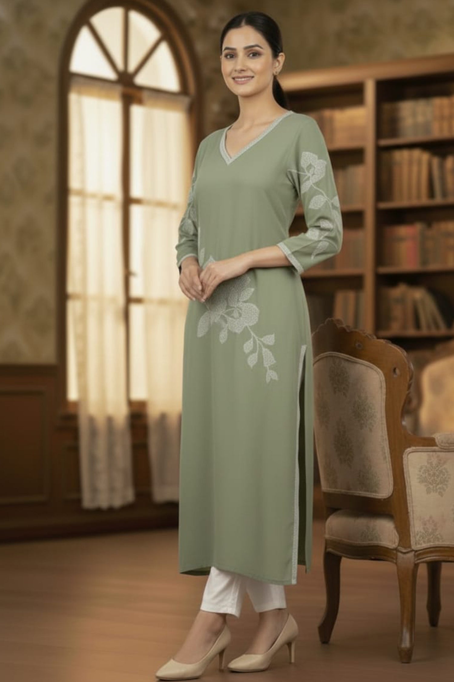 Floral Grace V-Neck Long Kurti