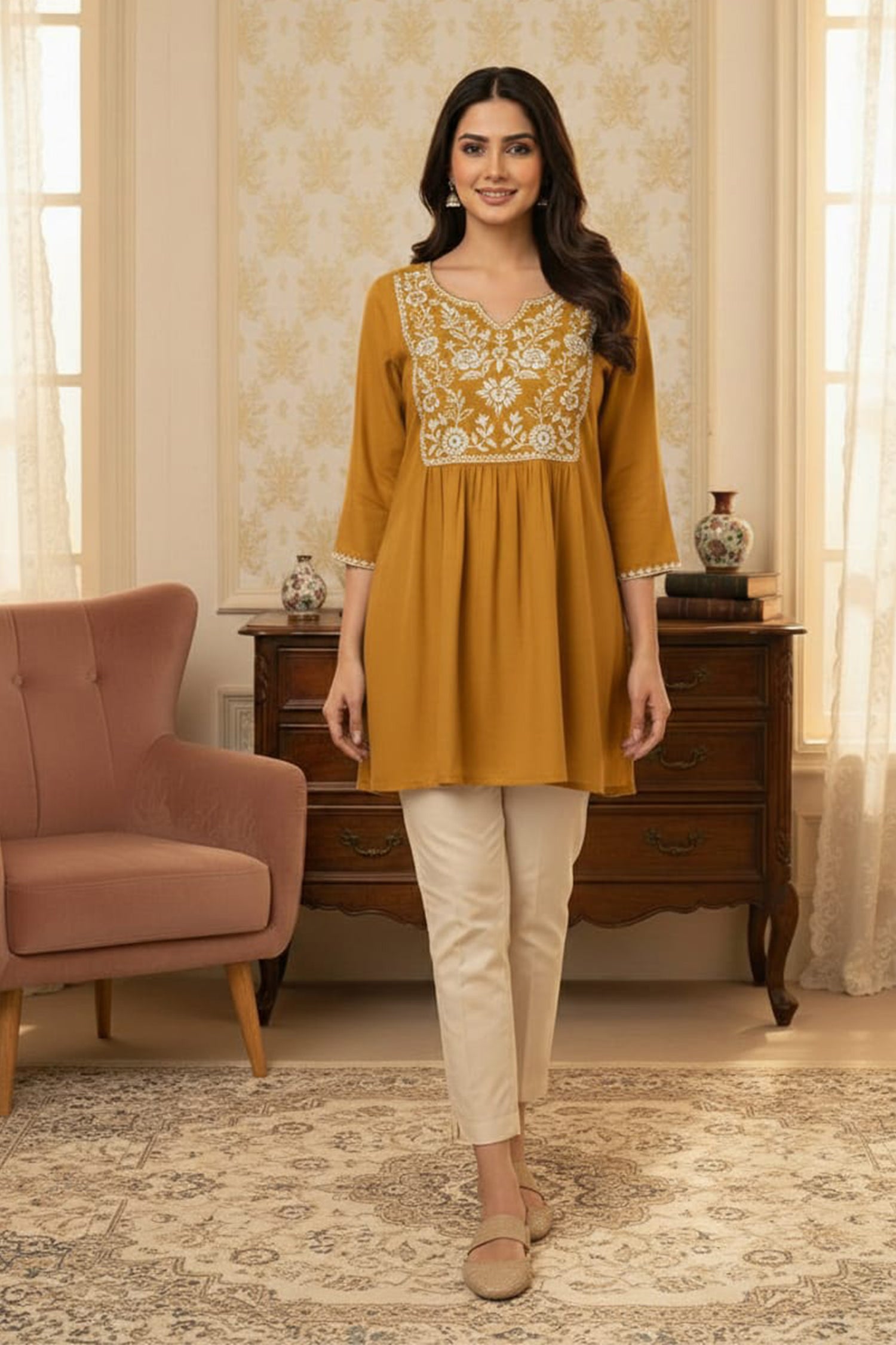 Elegant Floral Embroidered Short Kurti – Premium Ethnic Wear