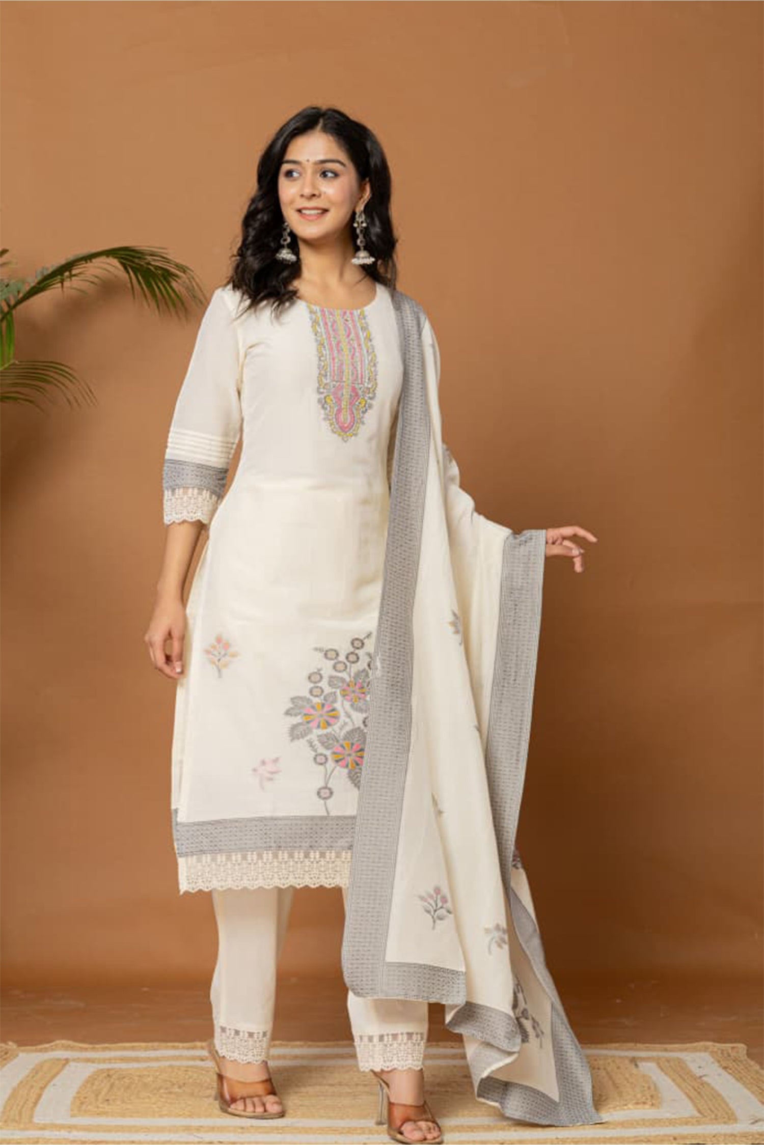 Women Off White Cotton Kurta Set with Dupatta