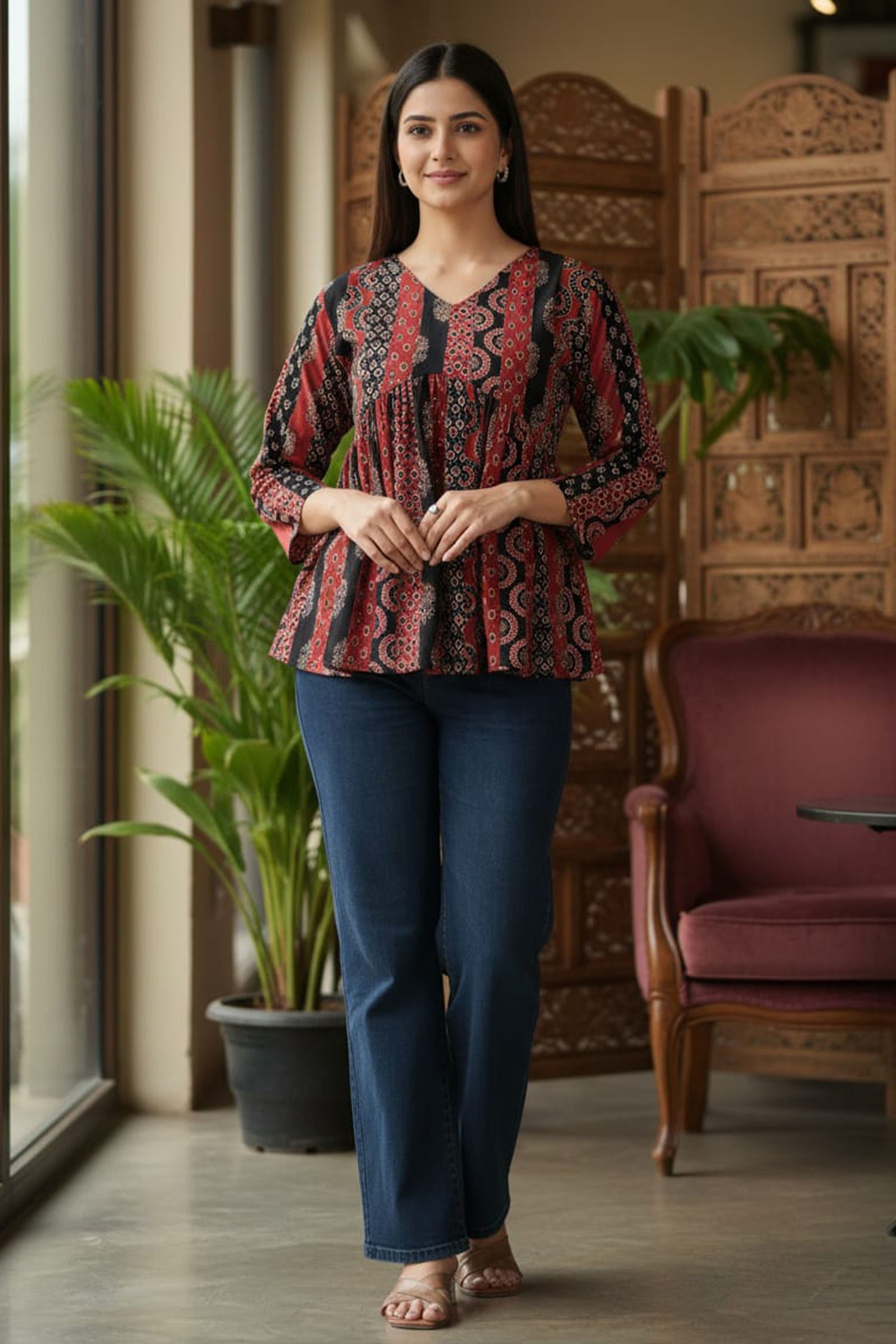 Maroon & Black Printed Short Top