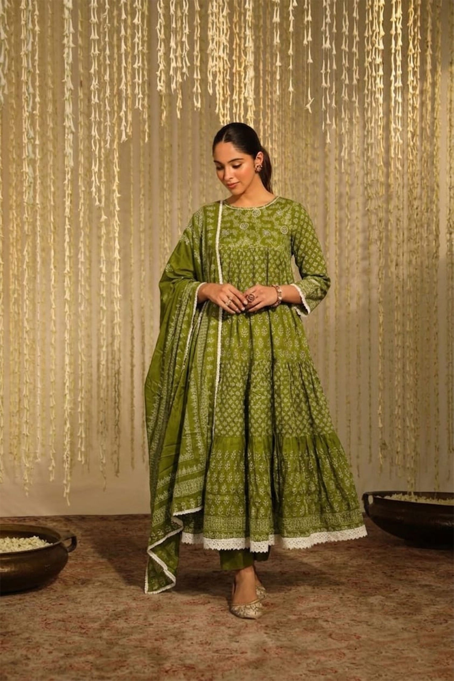Women Printed Anarkali Kurta Pant Set with Dupatta | Ethnic Cotton Kurta Set for Women | Flared Kurta Set for Festive, Casual & Office Wear