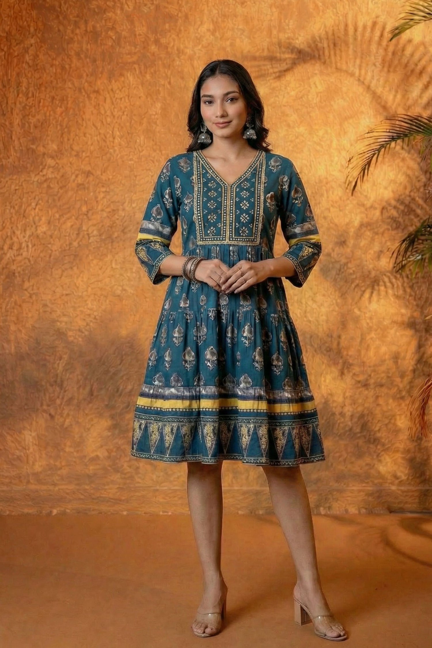 Women Ethnic Printed Fit & Flare Knee Length Dress | V-Neck Cotton Casual Fusion Dress