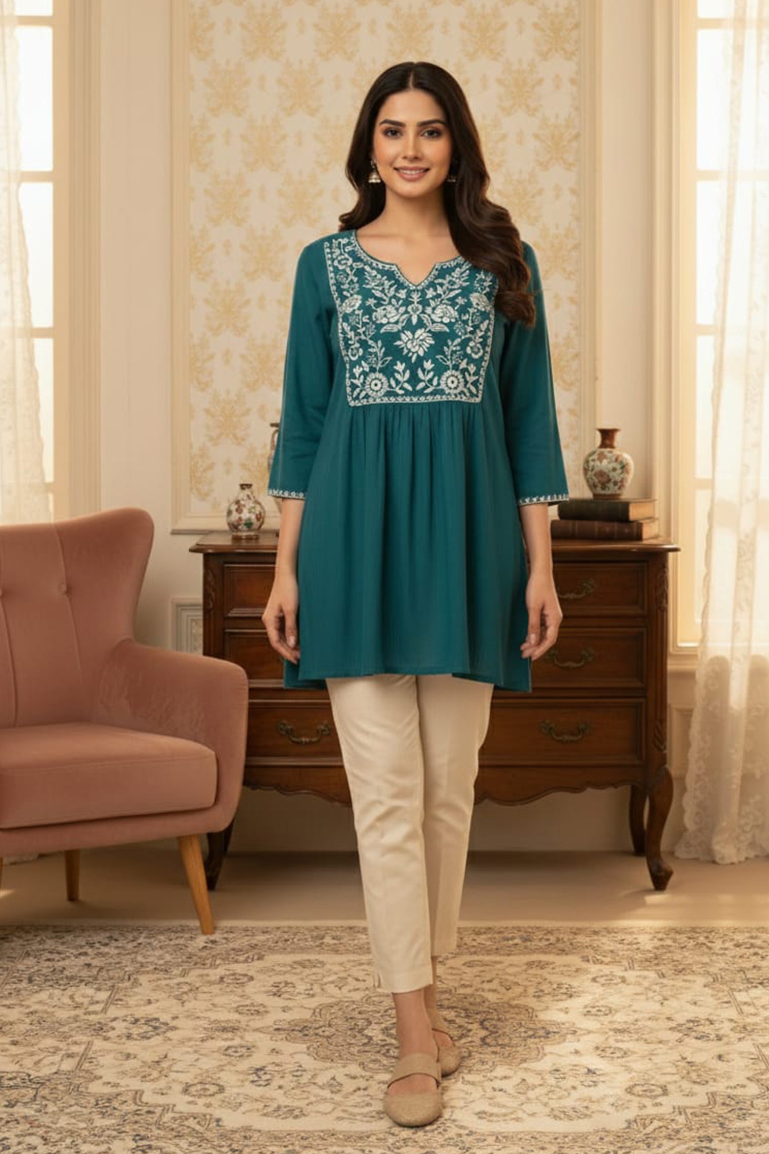 Elegant Floral Embroidered Short Kurti – Premium Ethnic Wear