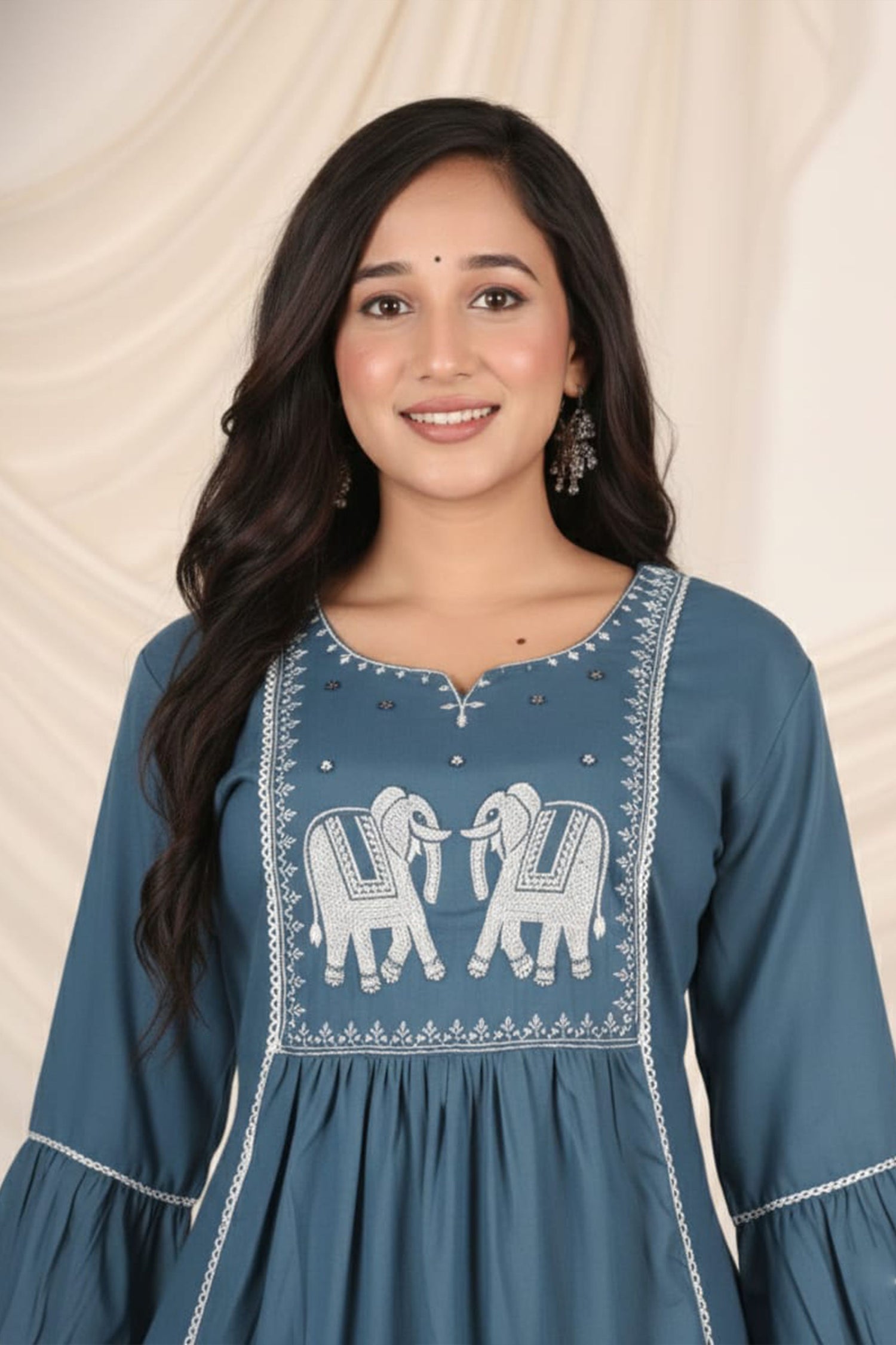 Royal Elephant Embroidered Flared Kurti for Women