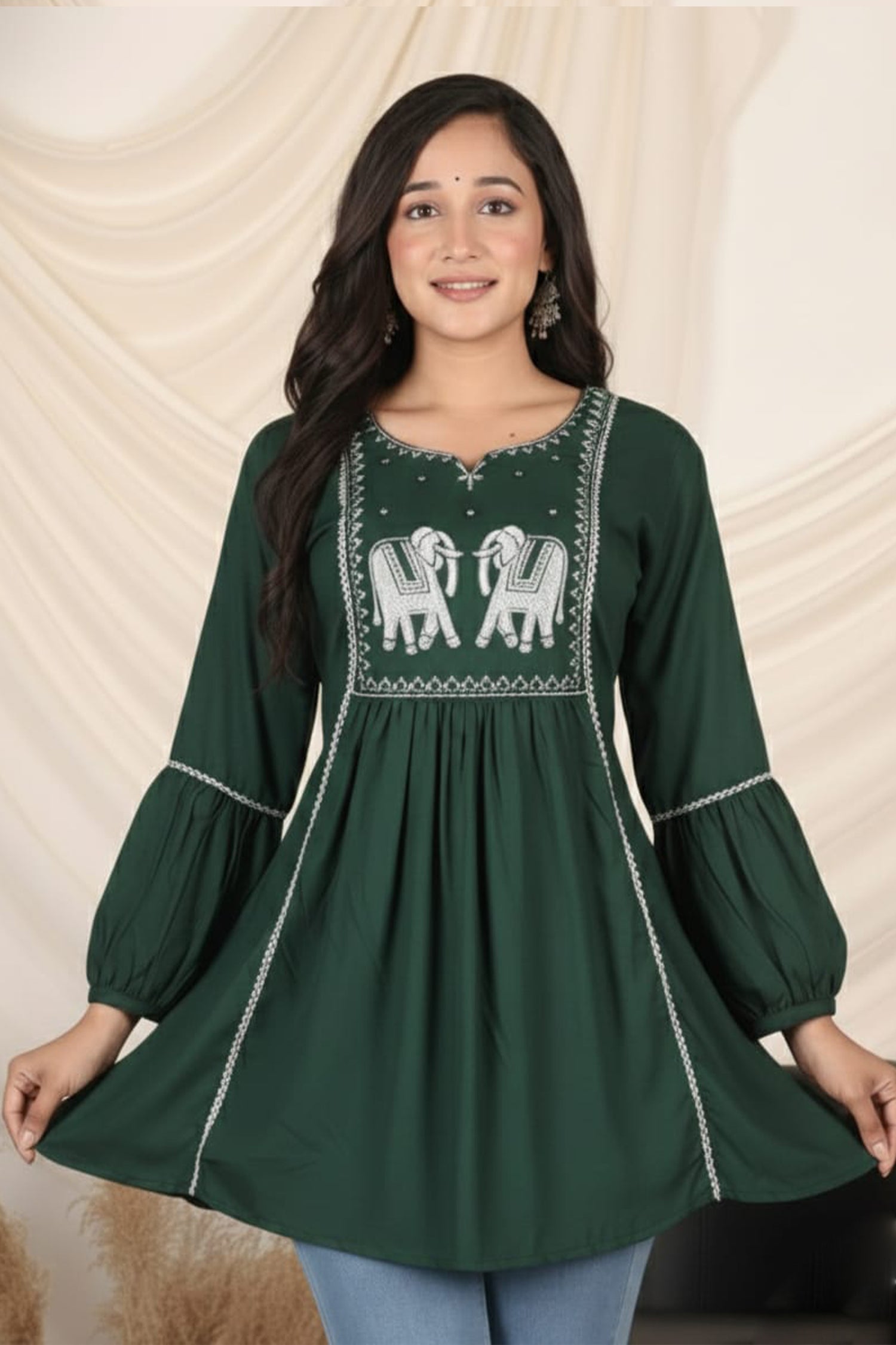 Royal Elephant Embroidered Flared Kurti for Women