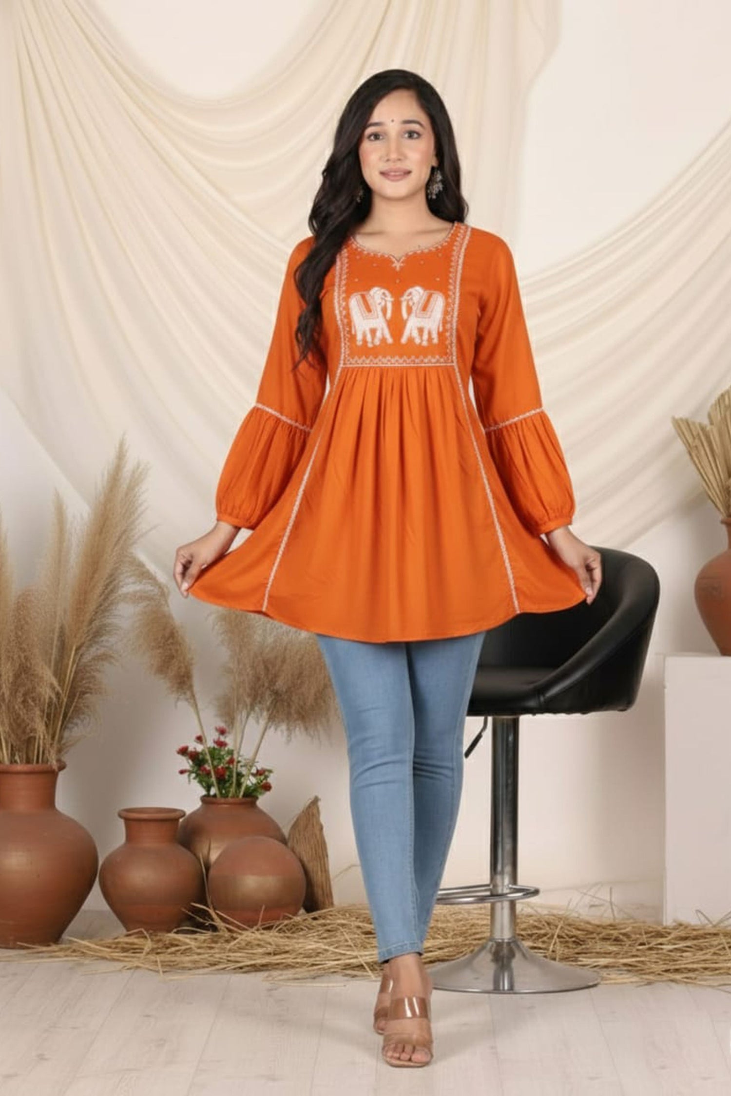 Royal Elephant Embroidered Flared Kurti for Women