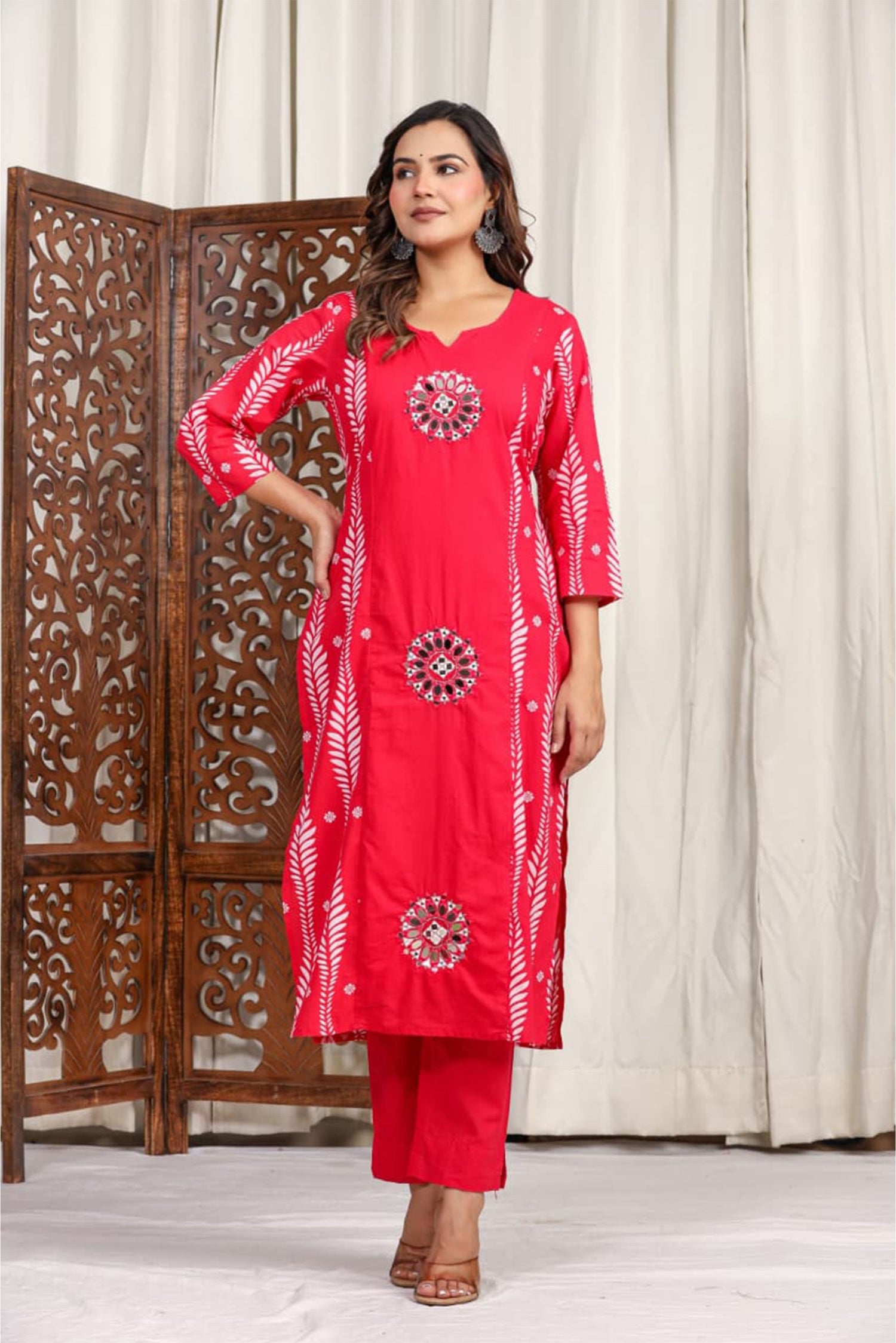 Women Red Cotton Printed Kurta Set with Dupatta