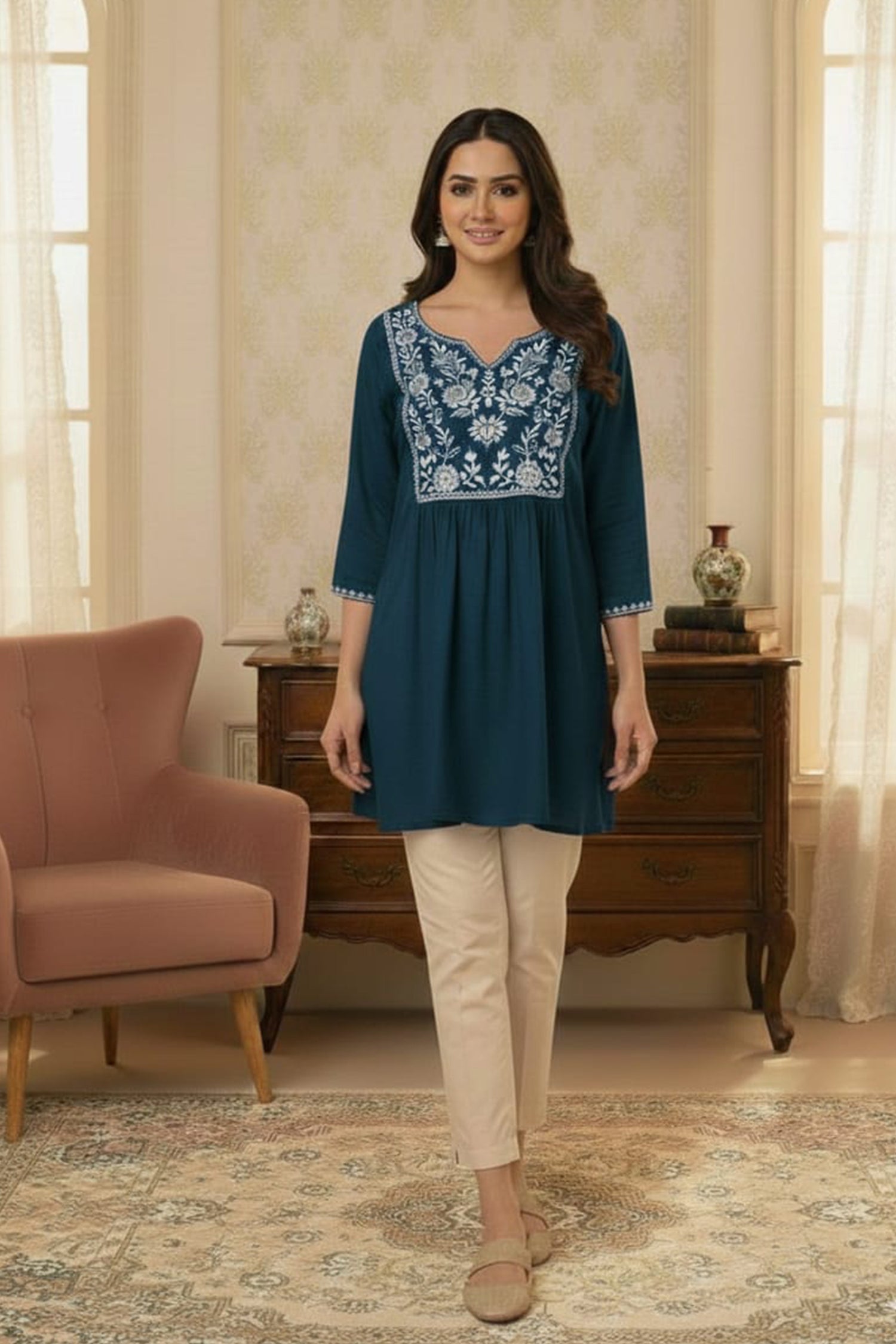 Elegant Floral Embroidered Short Kurti – Premium Ethnic Wear