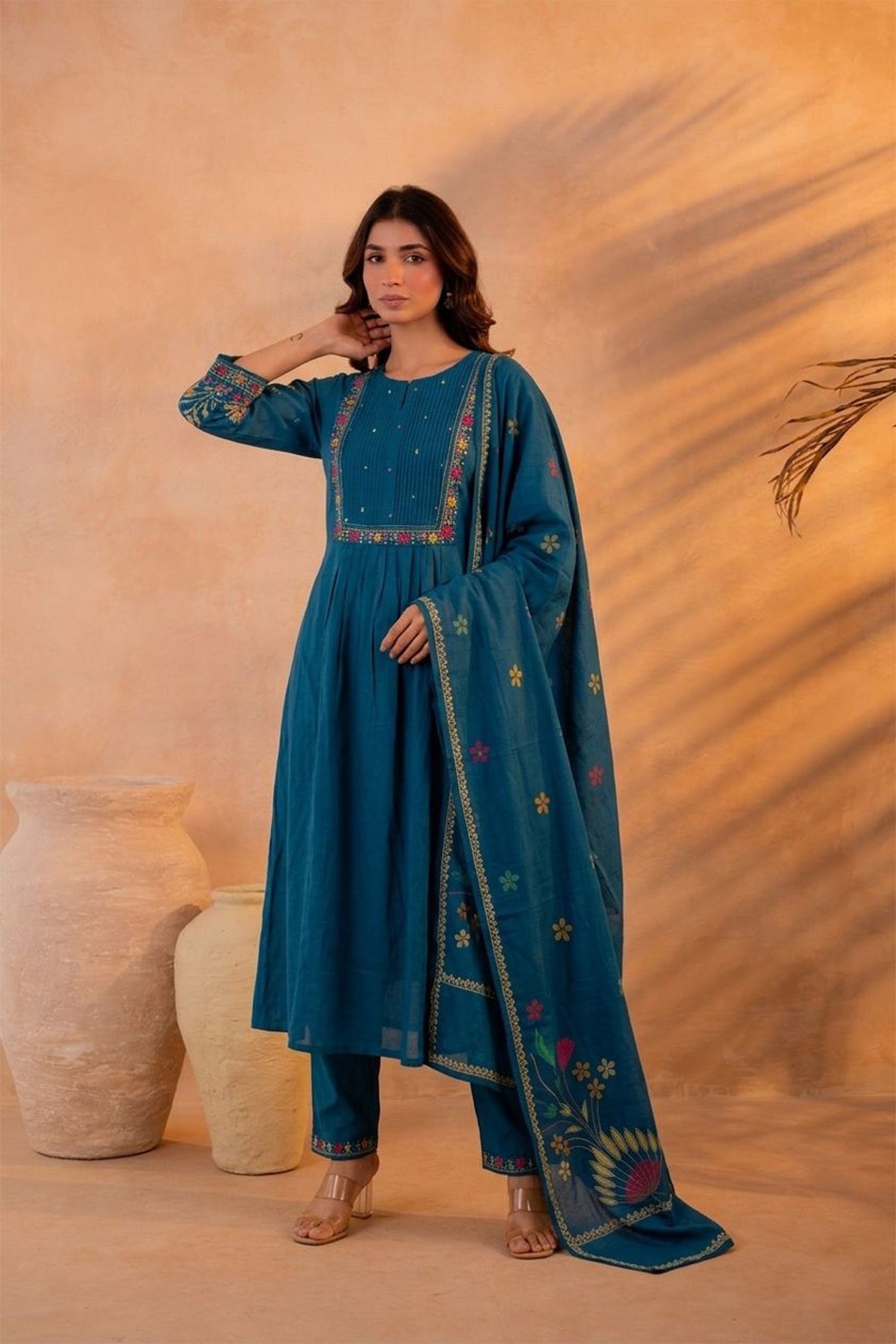 Women Teal Blue Embroidered Kurta Set with Dupatta