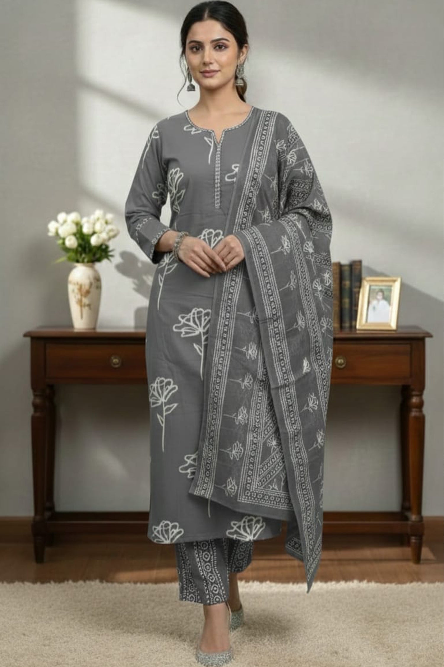 Grey & Mauve Printed Kurti Pant Set with Dupatta