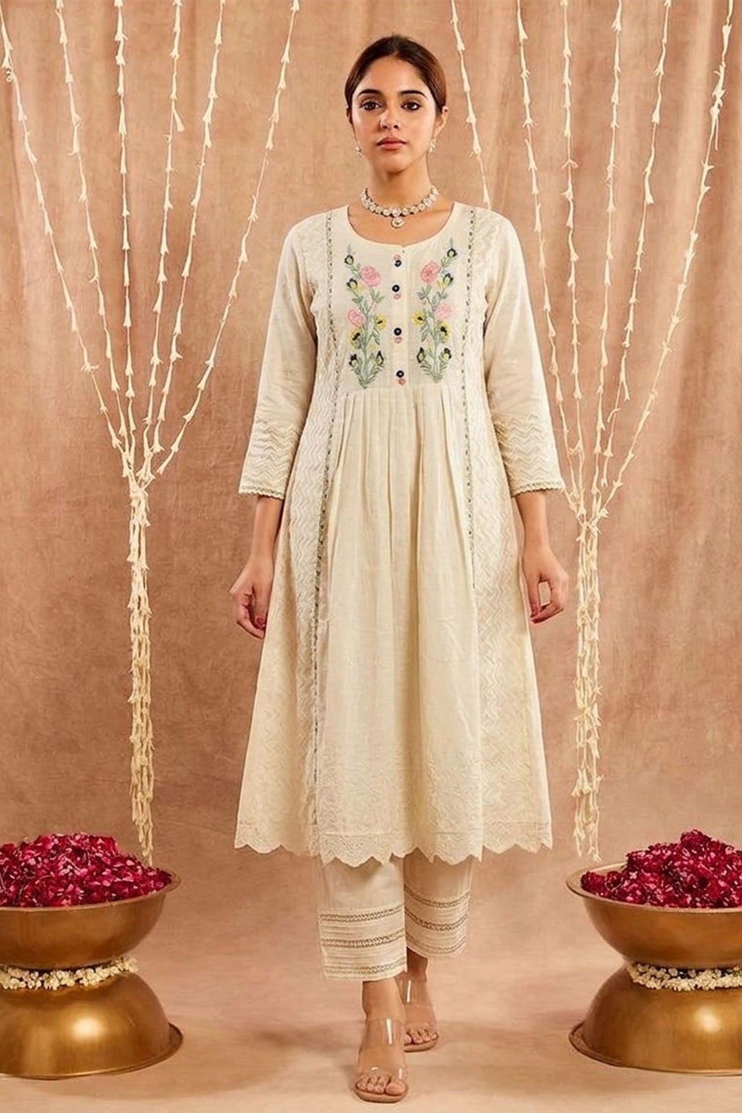 Women Embroidered Kurta Pant Set | Ethnic Cotton Blend Anarkali Kurta Set for Women | Festive Wear, Casual Wear, Office Wear Traditional Outfit