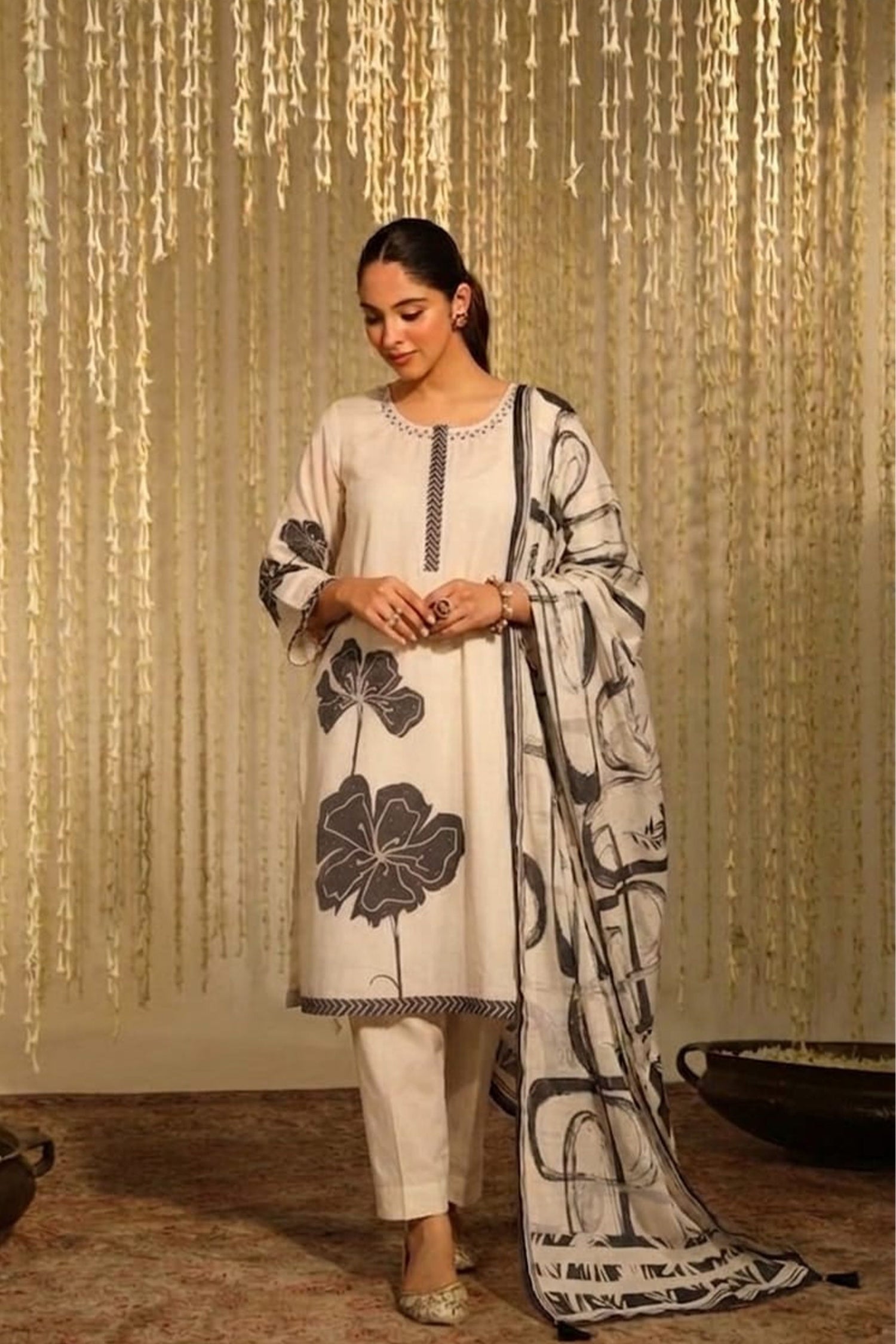Women Light Peach Printed Kurta Set with Dupatta | Straight Fit Kurta Pant Set | Ethnic Wear for Women