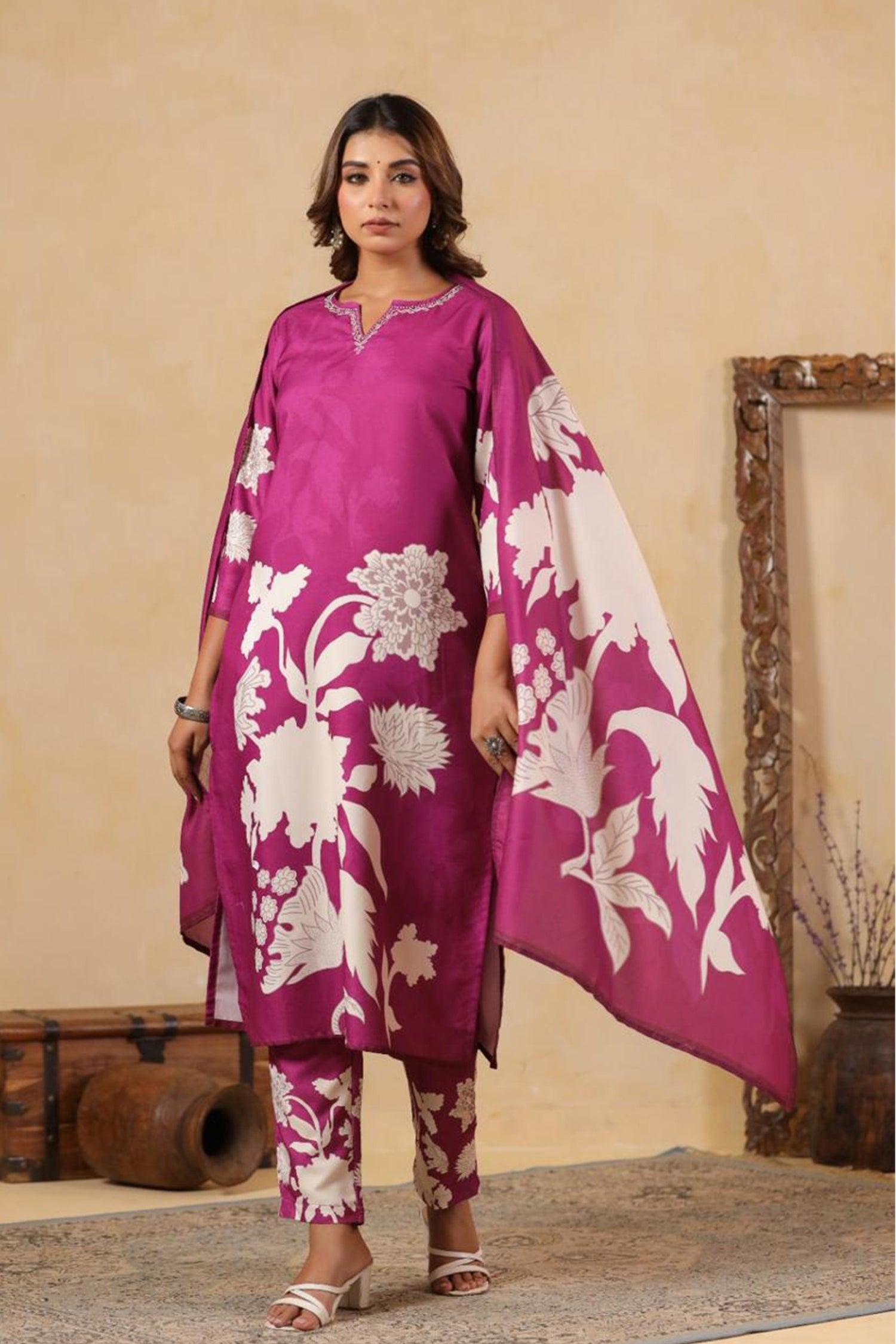 Women Magenta Floral Printed Kurta Set with Dupatta | Straight Fit Kurta Pant Set | Ethnic Wear for Women