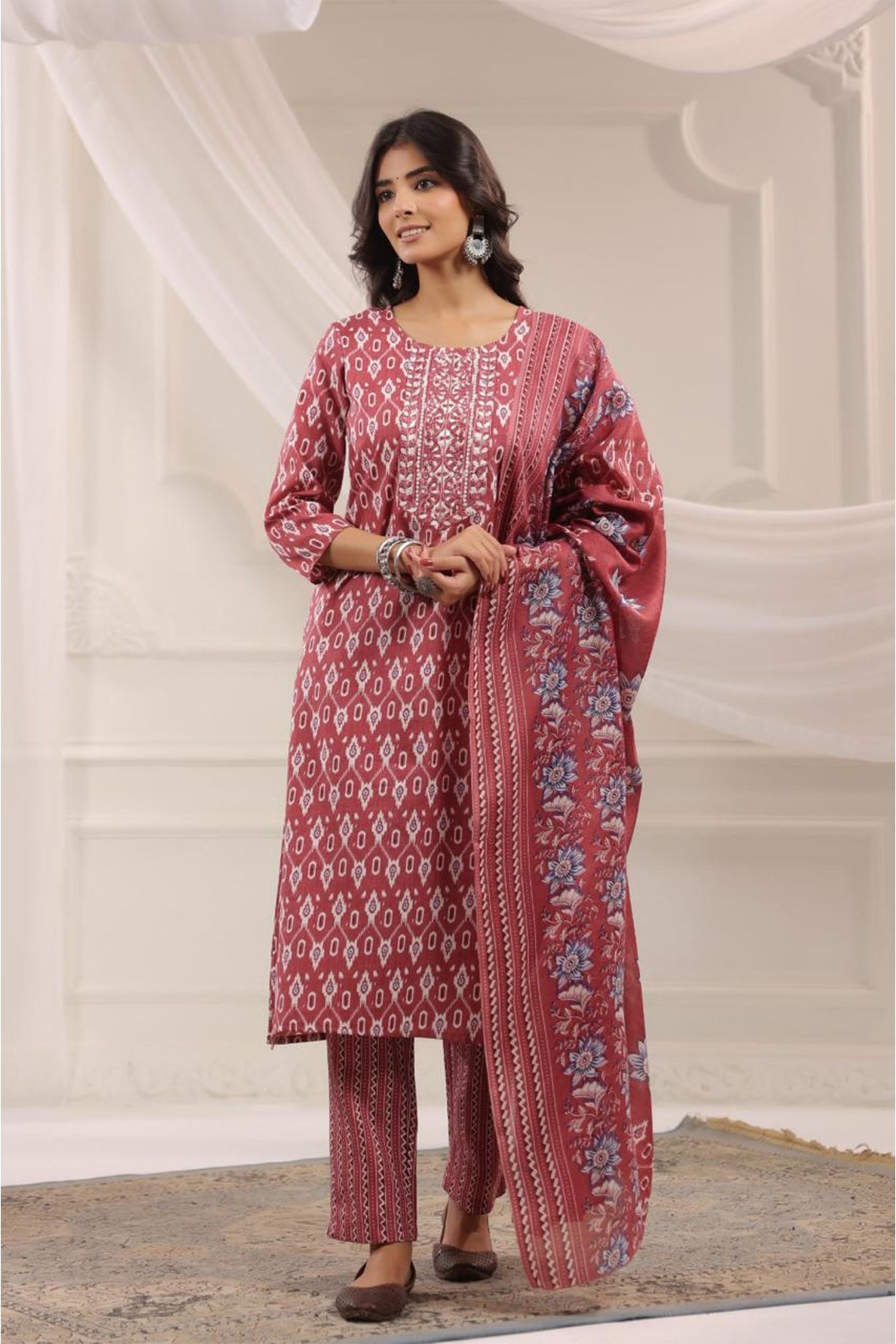 Women Rust Red Printed Kurta Set with Dupatta | Straight Fit Kurta Pant Set | Ethnic Wear for Women