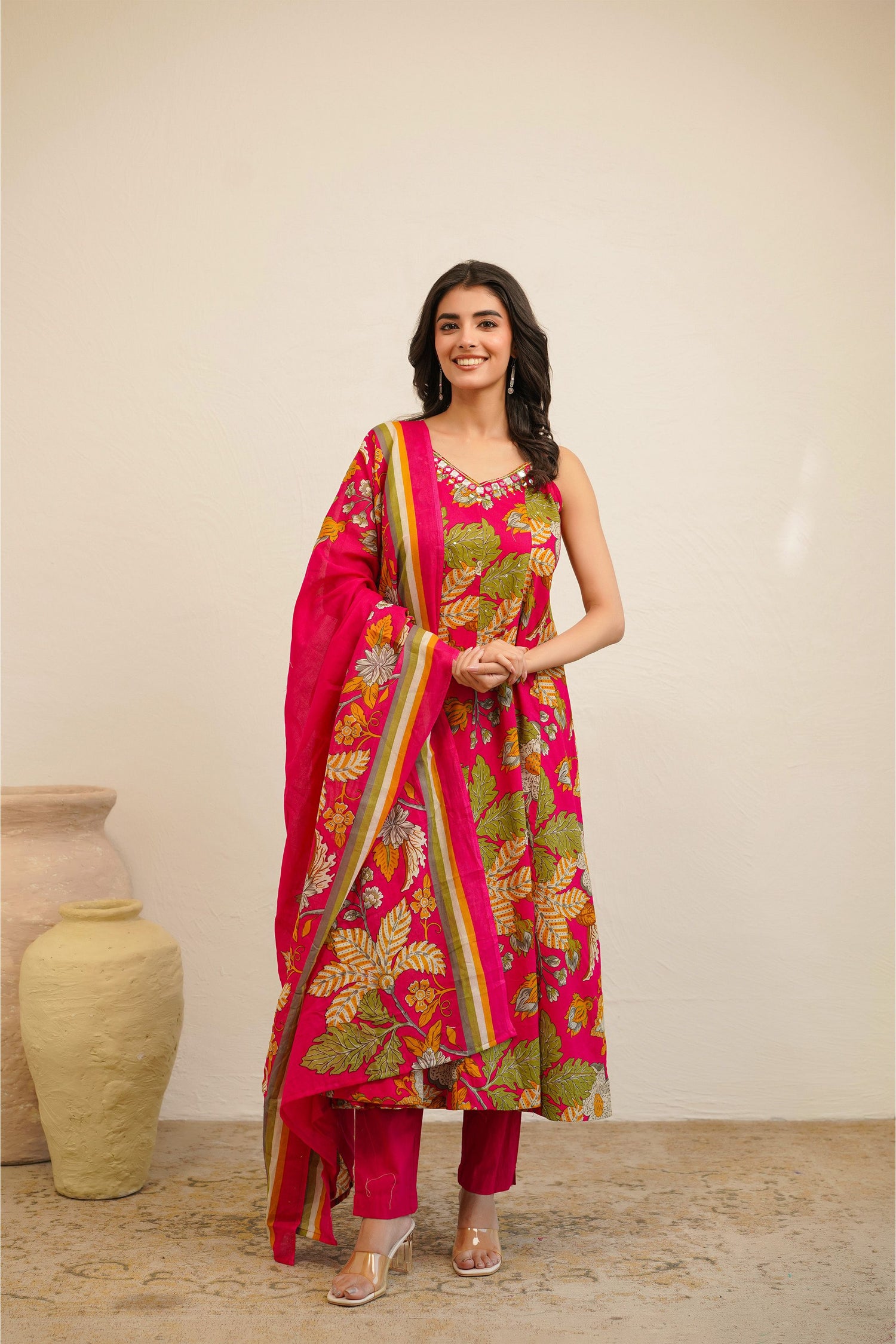 Women Sleeveless Floral Printed Anarkali Kurta Set with Dupatta | Flared Kurta Pant Set | Ethnic Wear for Women