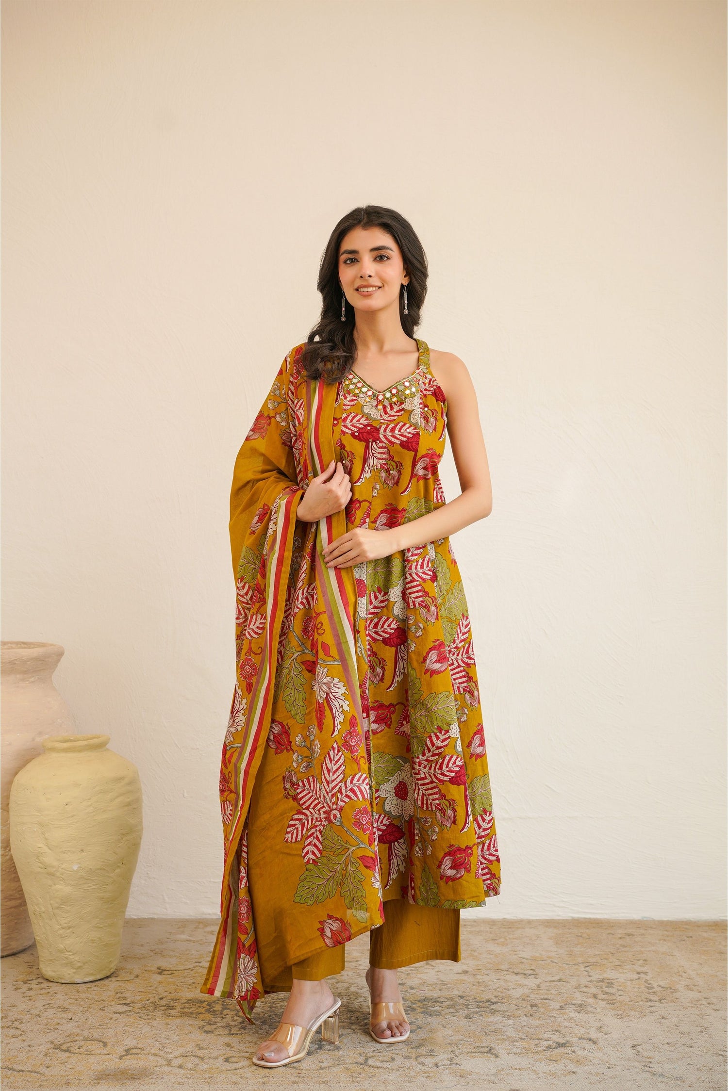 Women Sleeveless Floral Printed Anarkali Kurta Set with Dupatta | Flared Kurta Pant Set | Ethnic Wear for Women