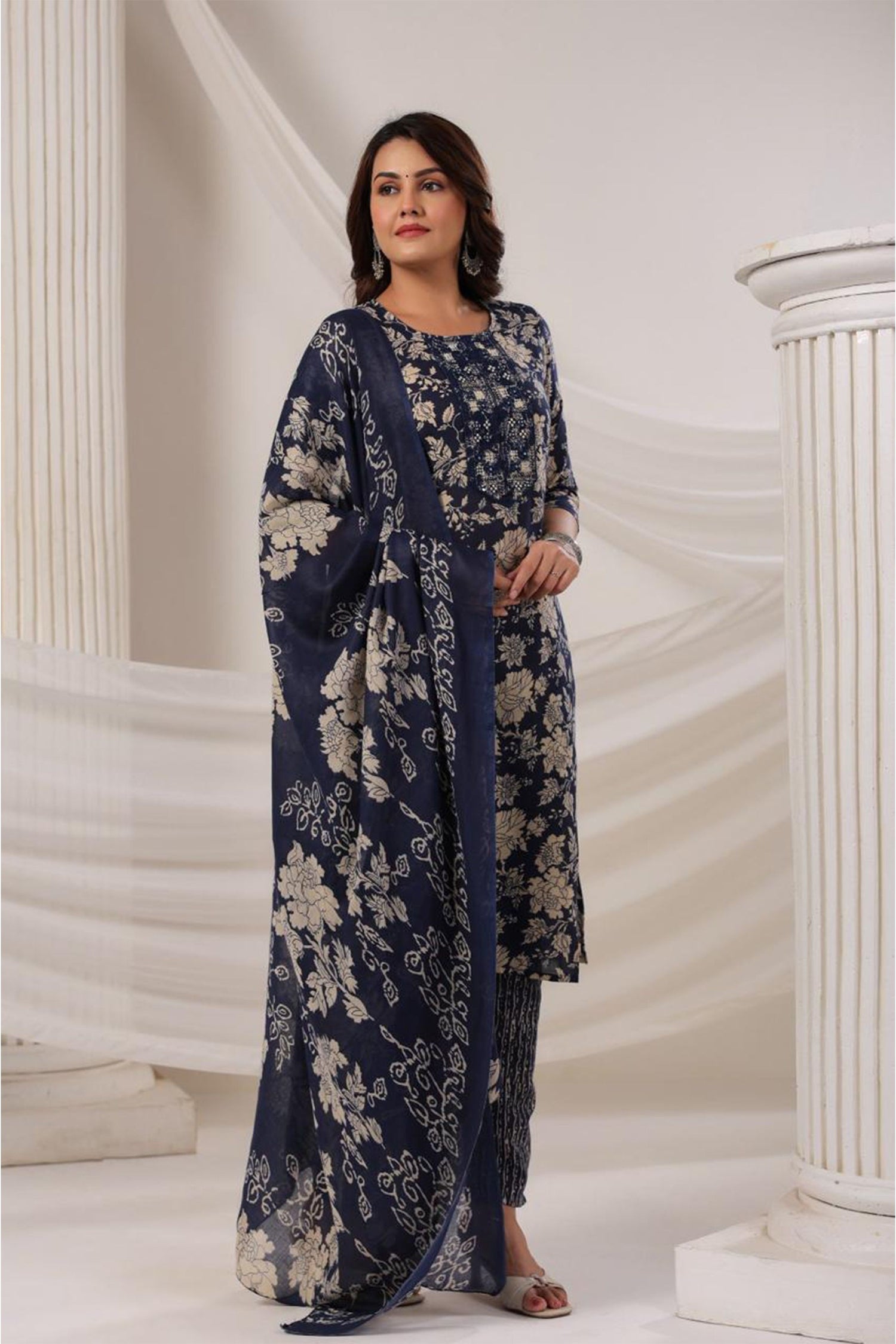 Women Elegant Floral Print Kurta Set with Dupatta | Straight Fit Ethnic Wear | 3 Piece Suit Set for Festive & Casual