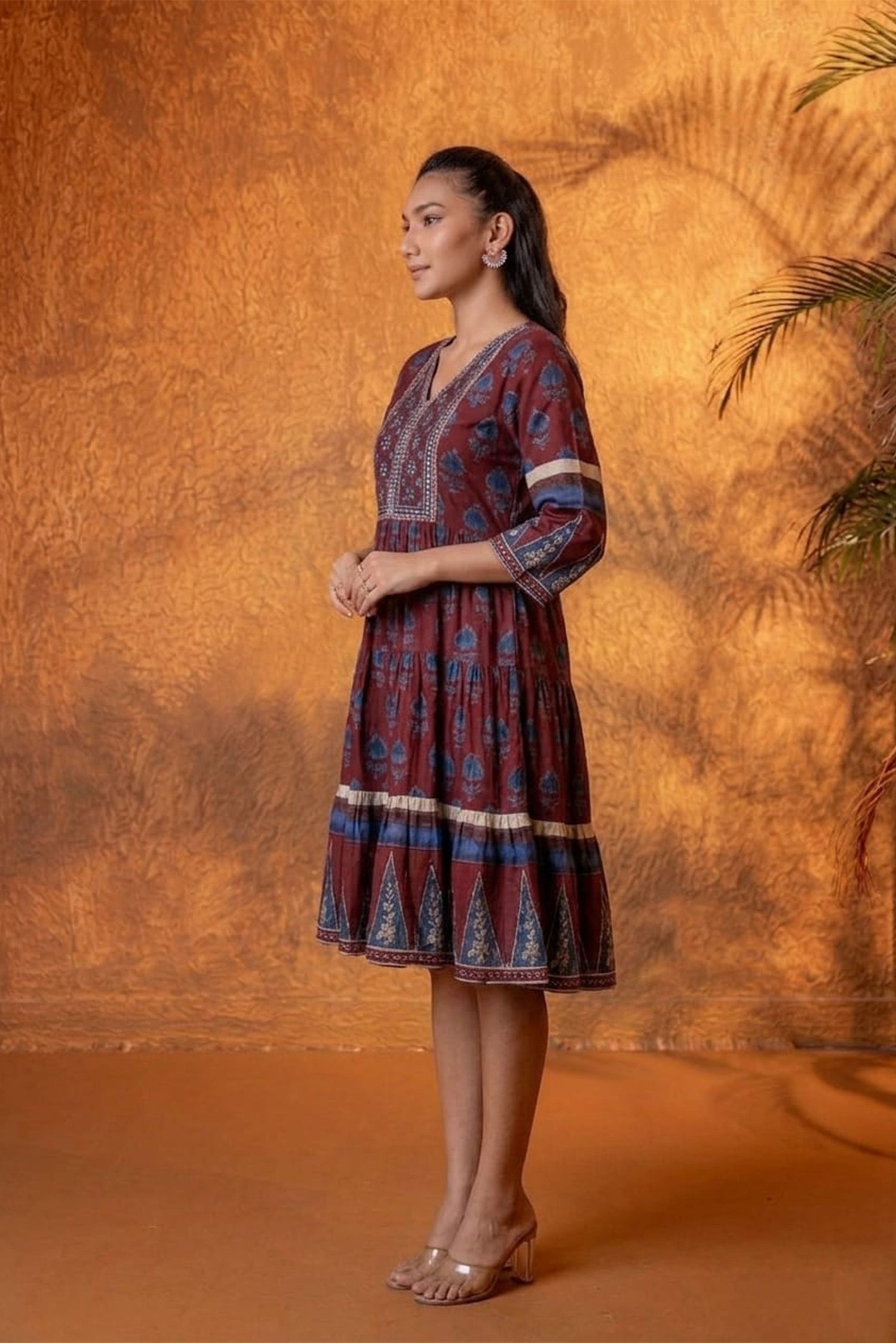 Women Ethnic Printed Fit & Flare Knee Length Dress | V-Neck Cotton Casual Fusion Dress
