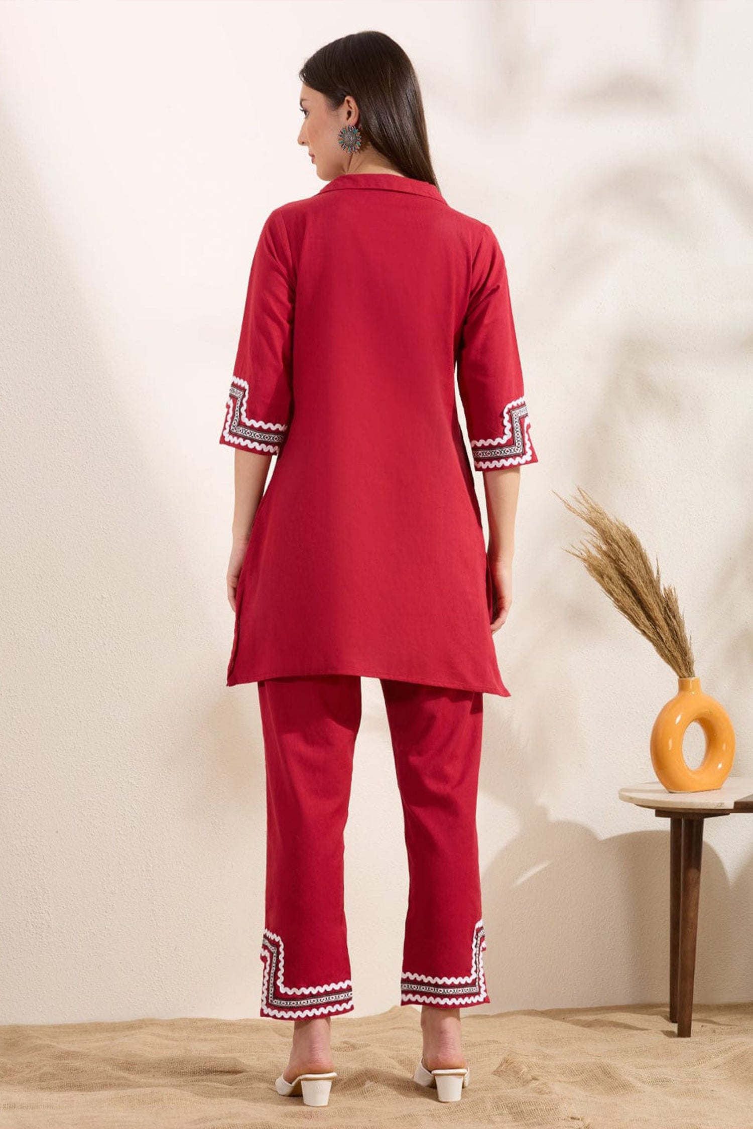 Red Embroidered Kurti Pant Co-Ord Set