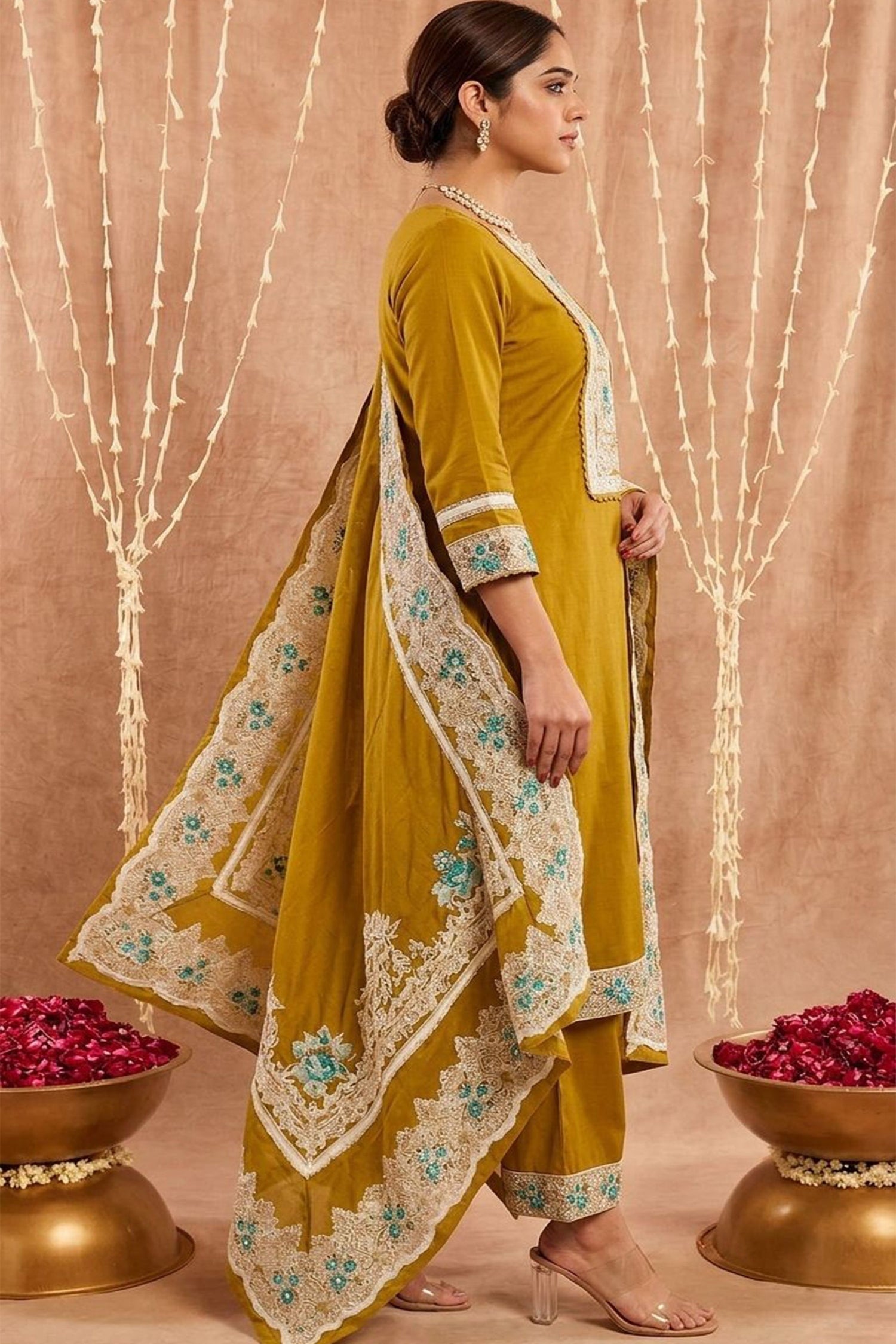 Women Embroidered Straight Kurta Pant Set with Dupatta