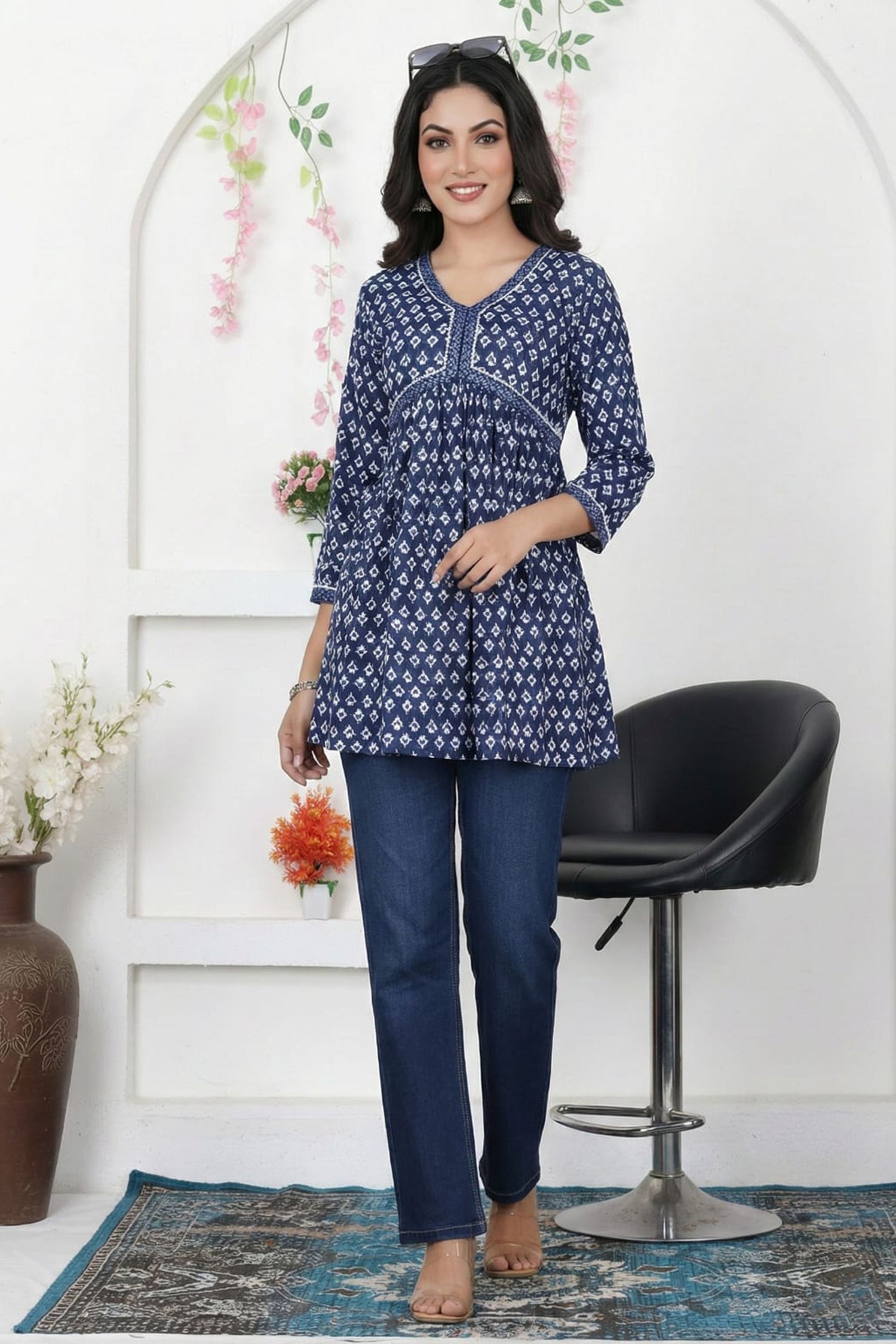 Blue Printed Aaliya Cut Short Top