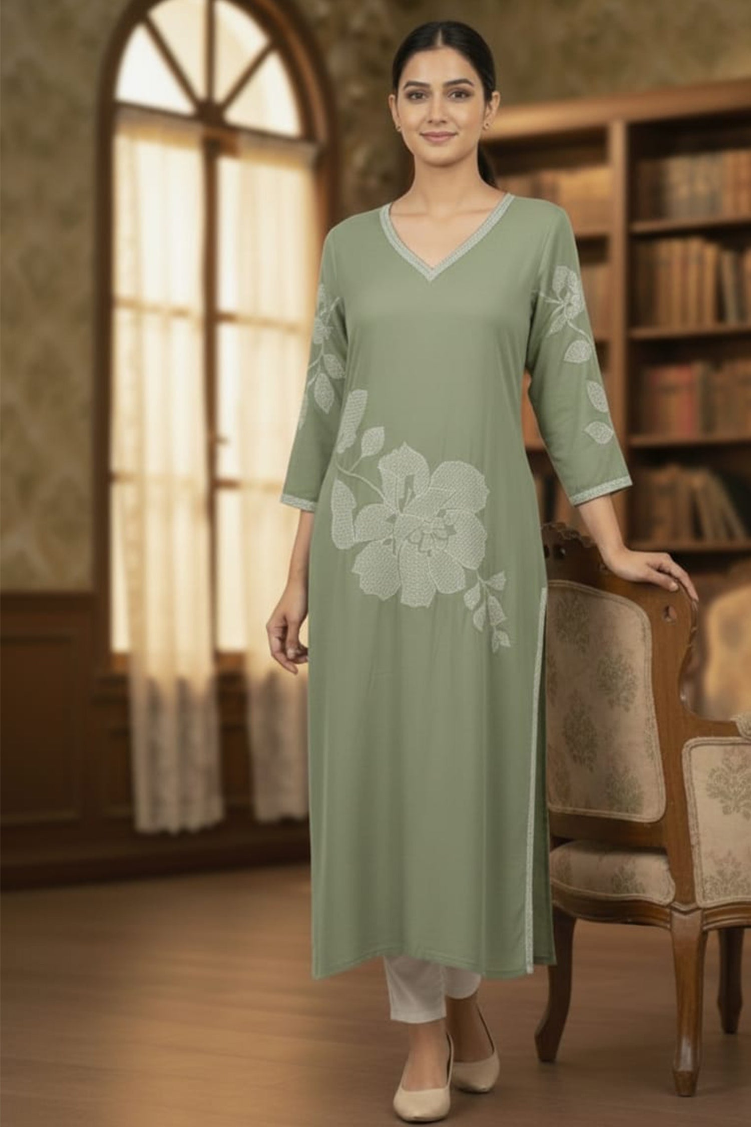 Floral Grace V-Neck Long Kurti