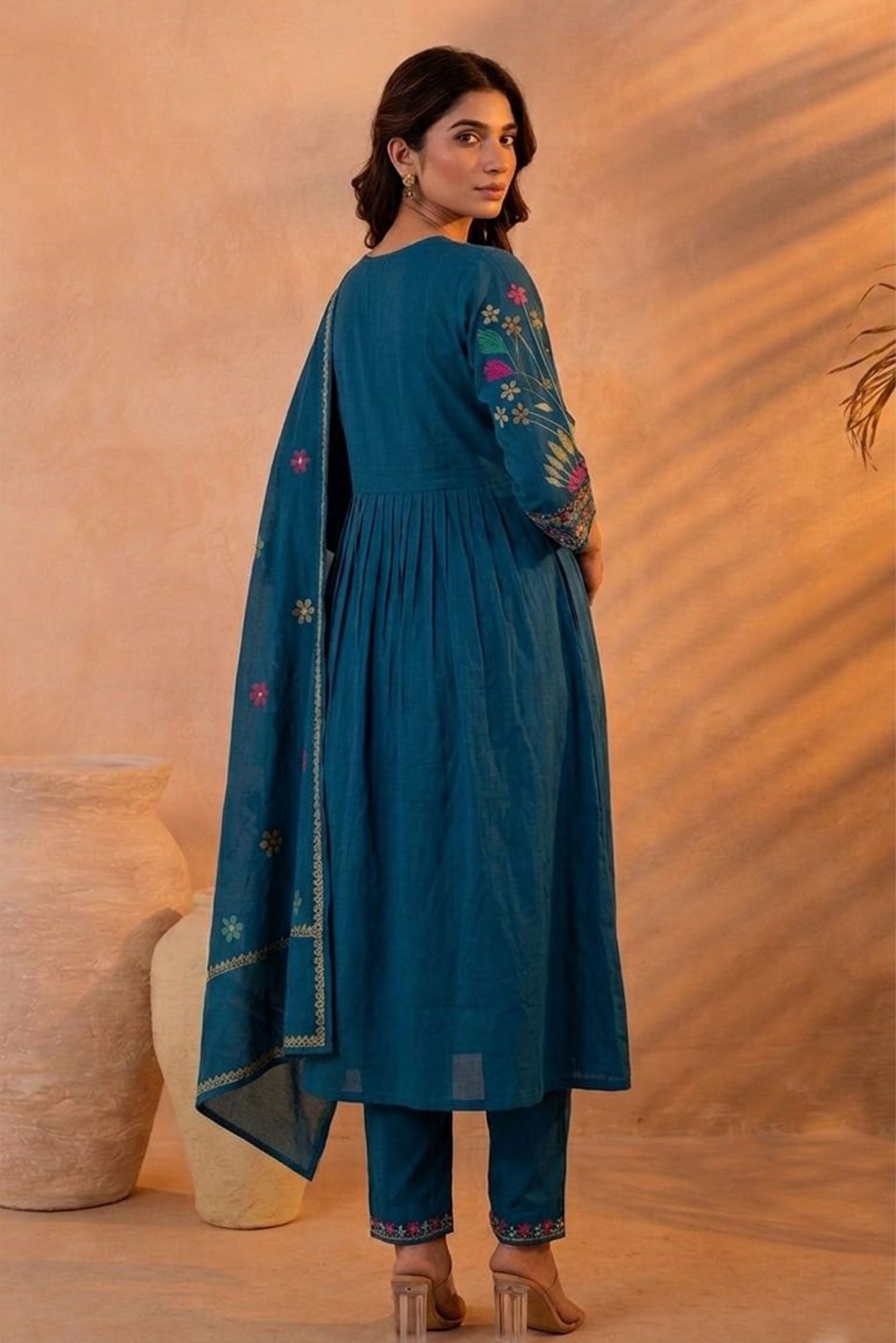 Women Teal Blue Embroidered Kurta Set with Dupatta | Ethnic Cotton Blend Kurta Pant Set for Festive, Casual & Office Wear