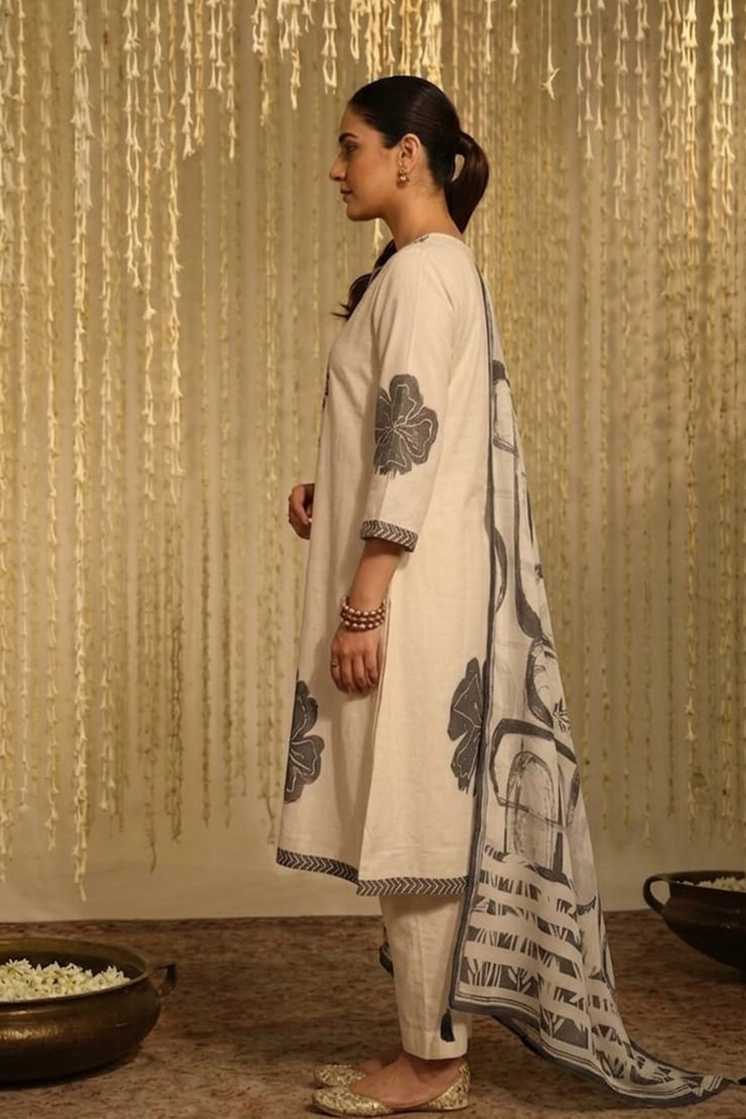Women Light Peach Printed Kurta Set with Dupatta | Straight Fit Kurta Pant Set | Ethnic Wear for Women