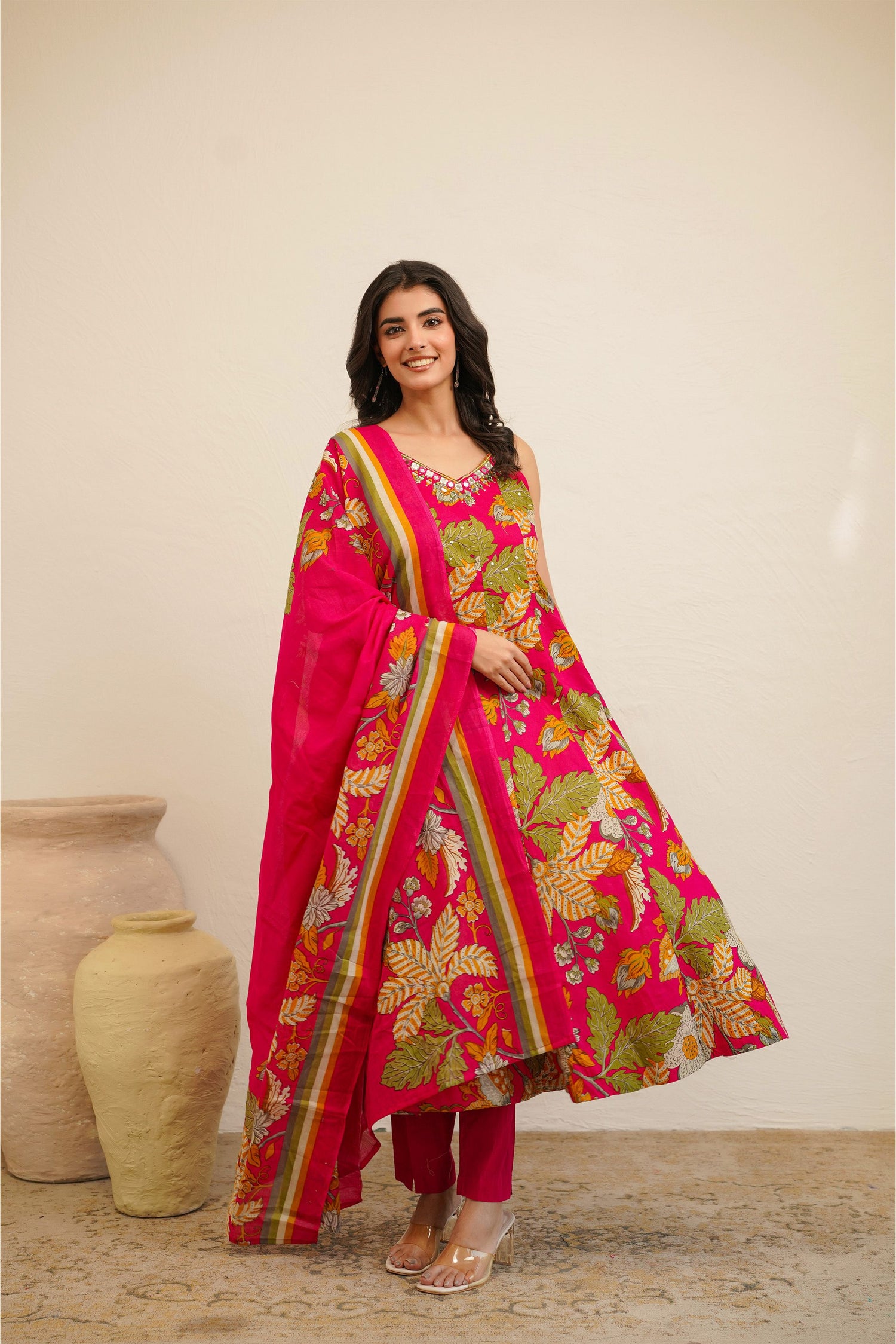 Women Sleeveless Floral Printed Anarkali Kurta Set with Dupatta | Flared Kurta Pant Set | Ethnic Wear for Women