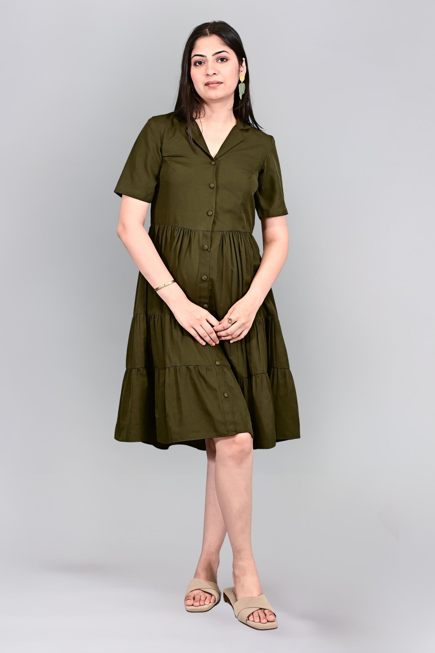 Olive Breeze Tiered Shirt Dress