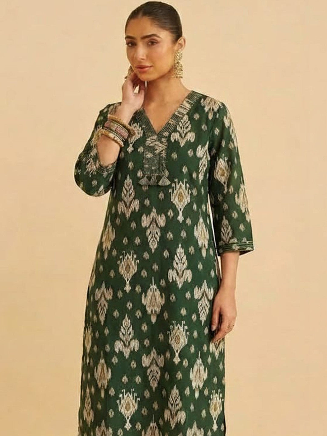 Printed V-Neck Pure Cotton Kurti