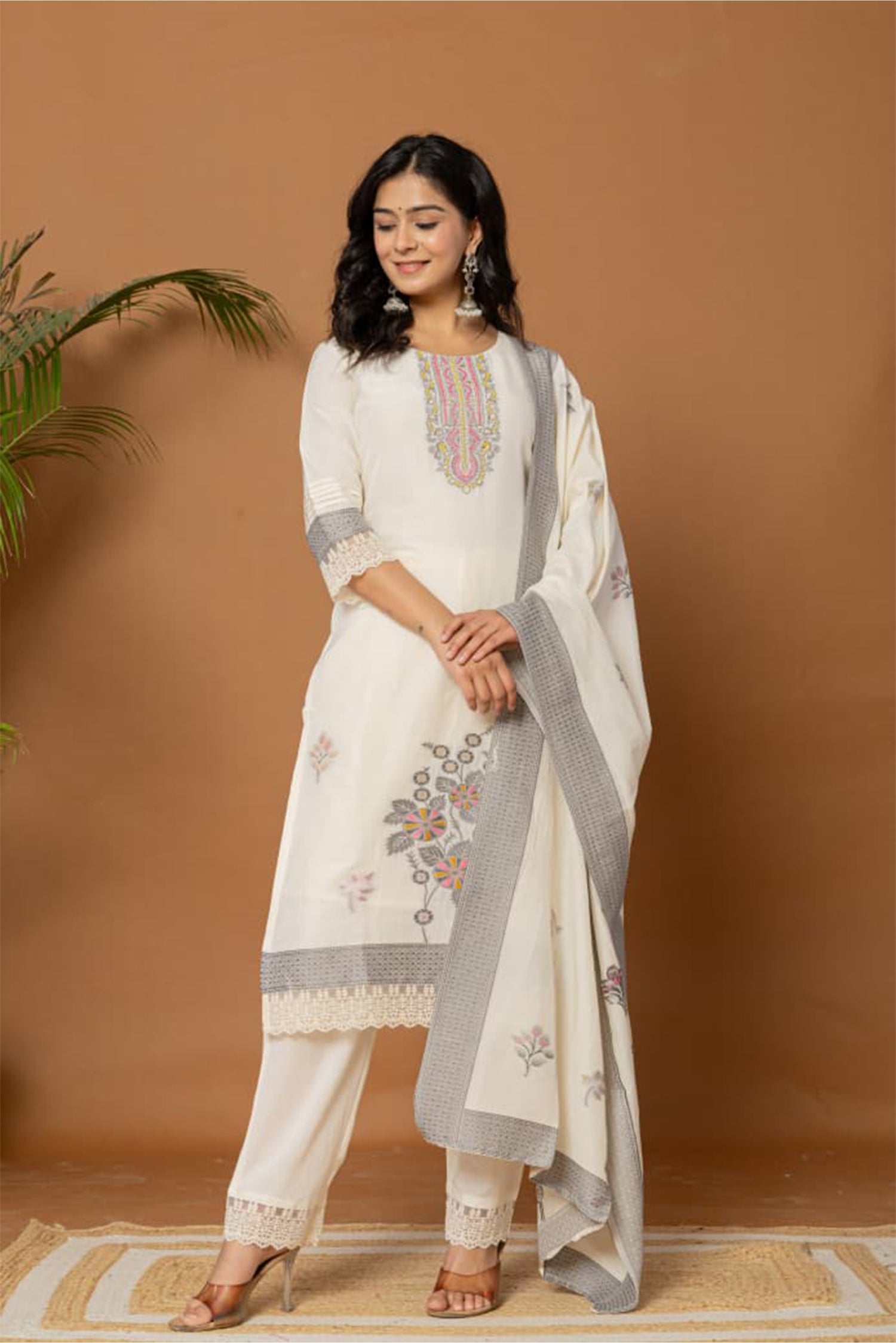 Women Off White Cotton Kurta Set with Dupatta