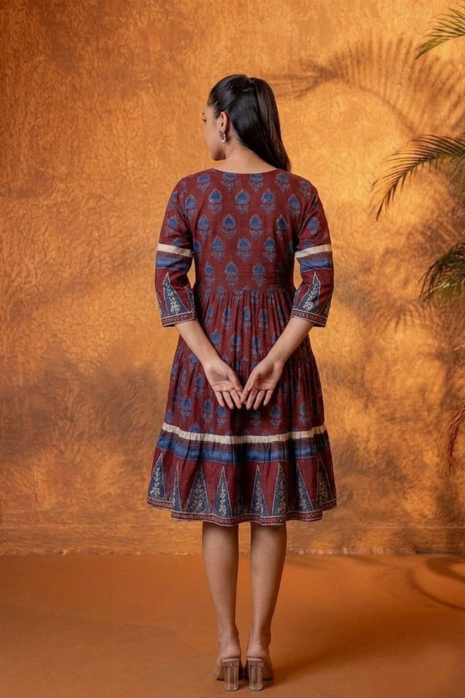 Women Ethnic Printed Fit & Flare Knee Length Dress | V-Neck Cotton Casual Fusion Dress