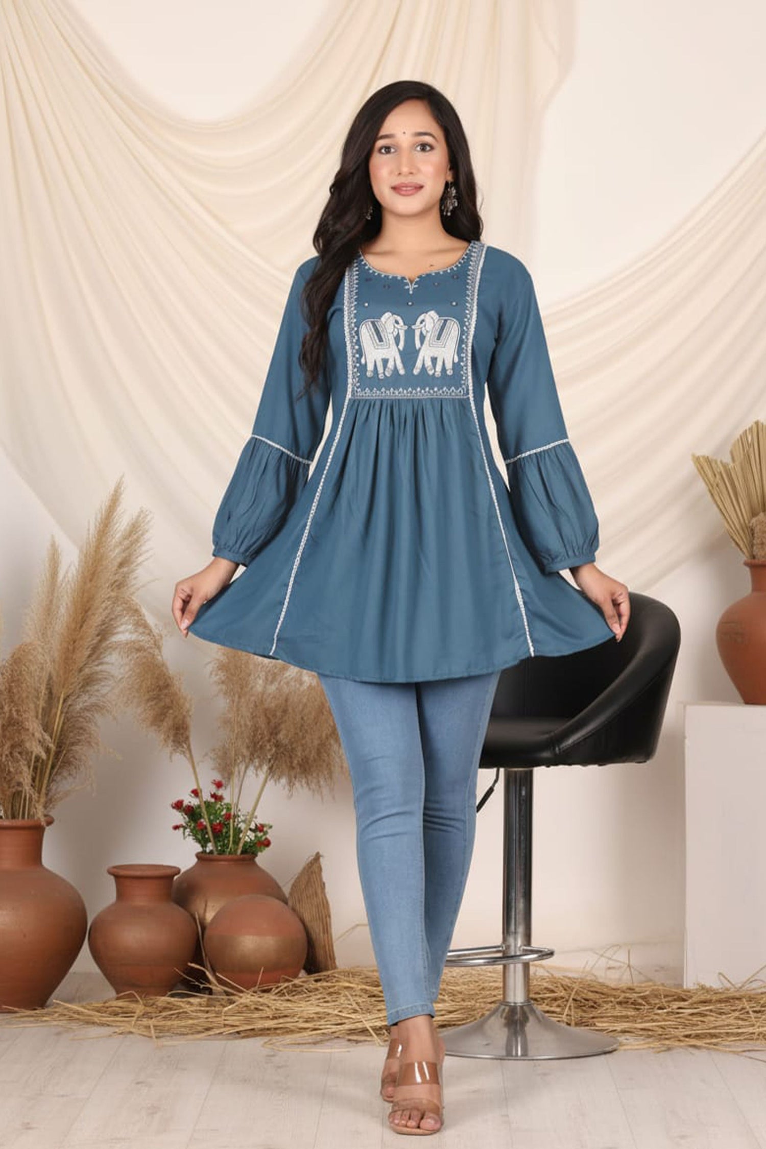 Royal Elephant Embroidered Flared Kurti for Women