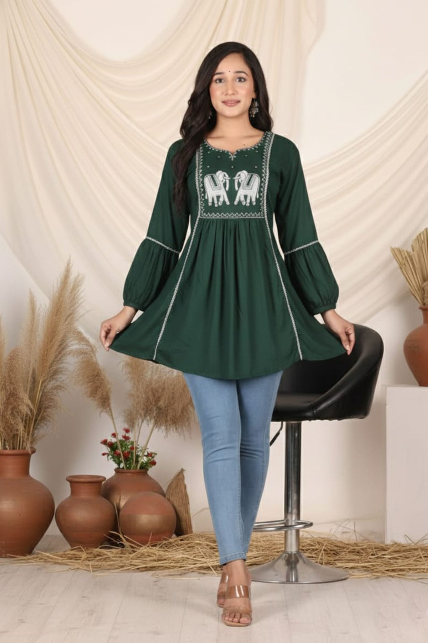 Royal Elephant Embroidered Flared Kurti for Women