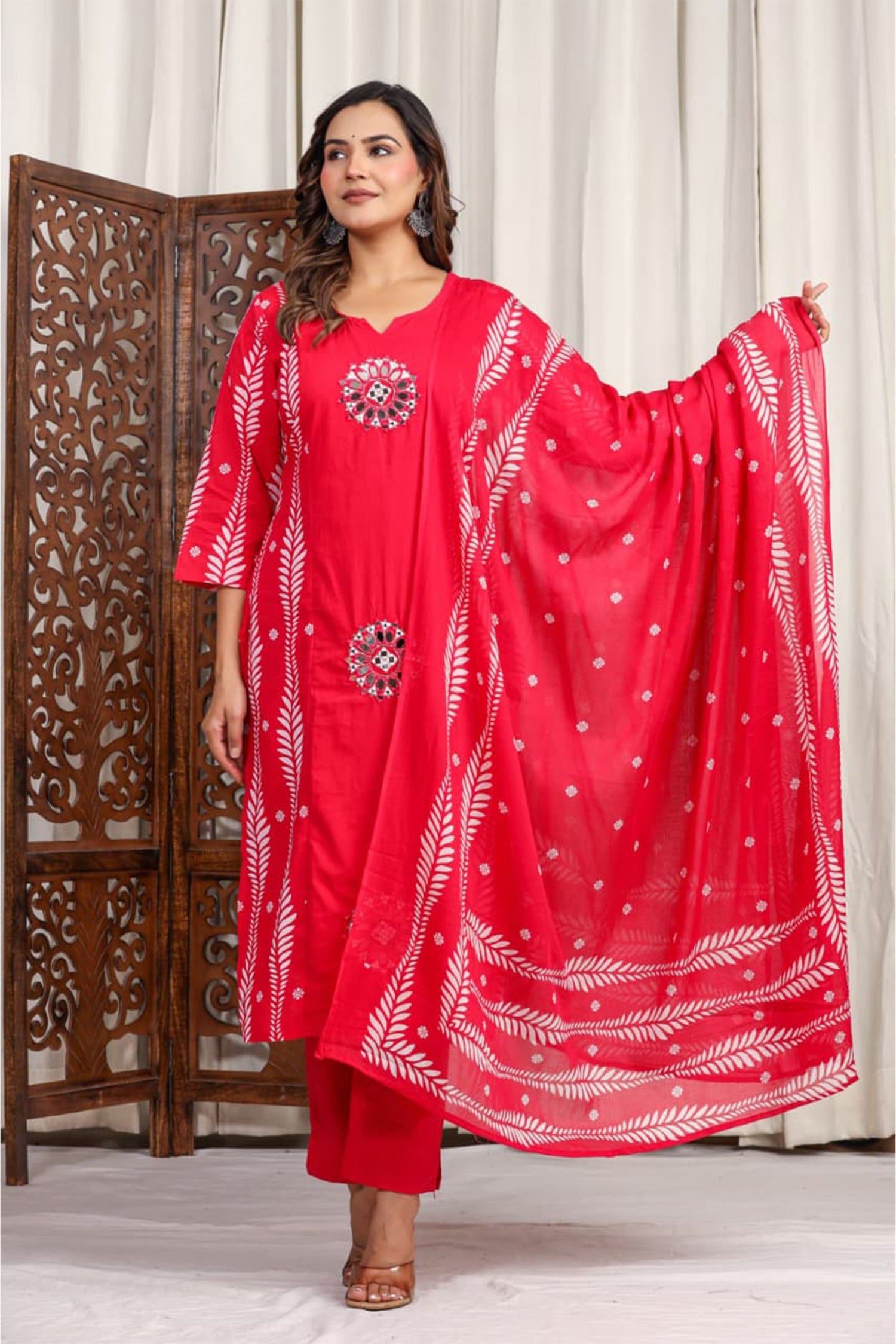 Women Red Cotton Printed Kurta Set with Dupatta