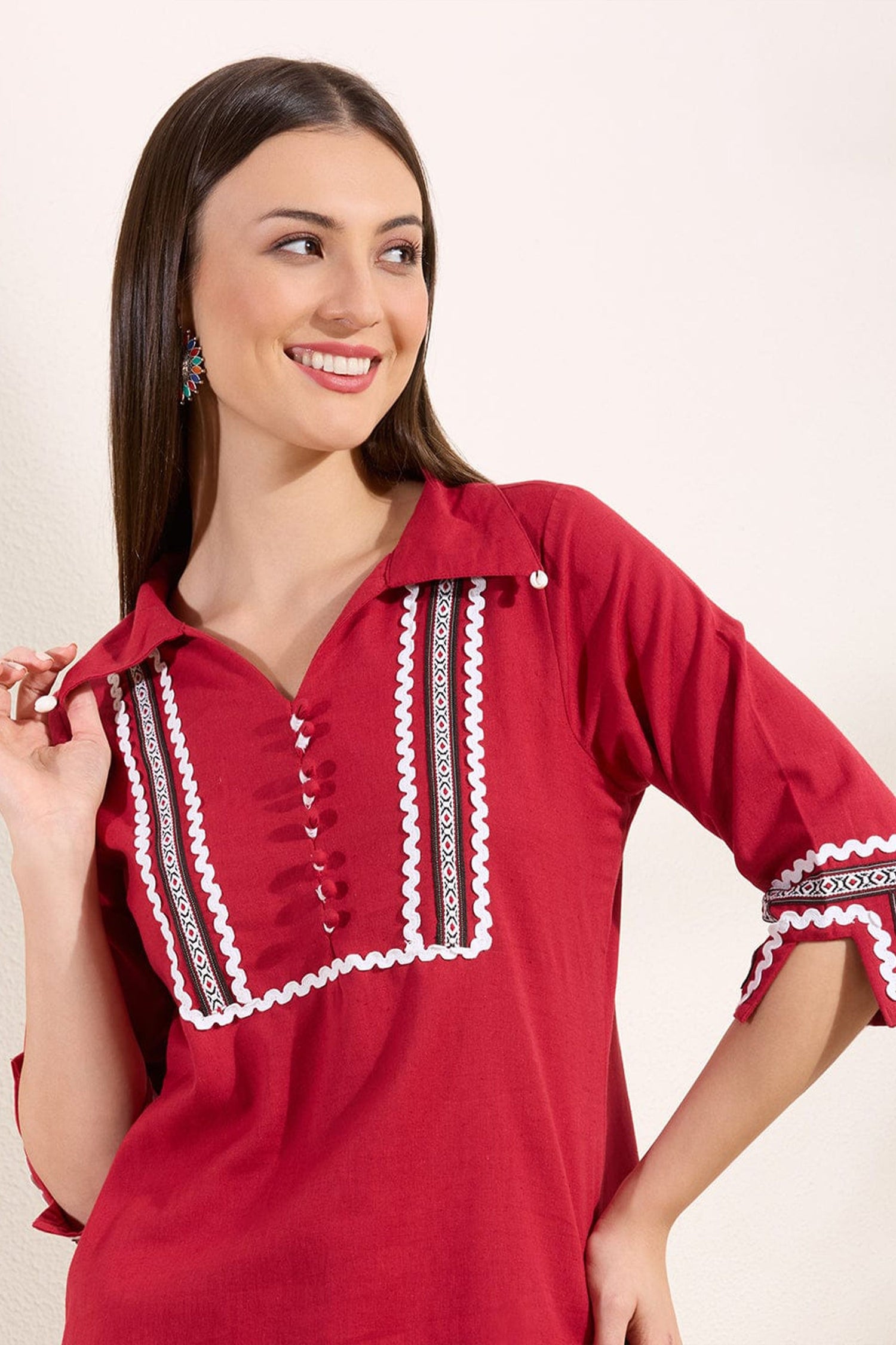 Red Embroidered Kurti Pant Co-Ord Set