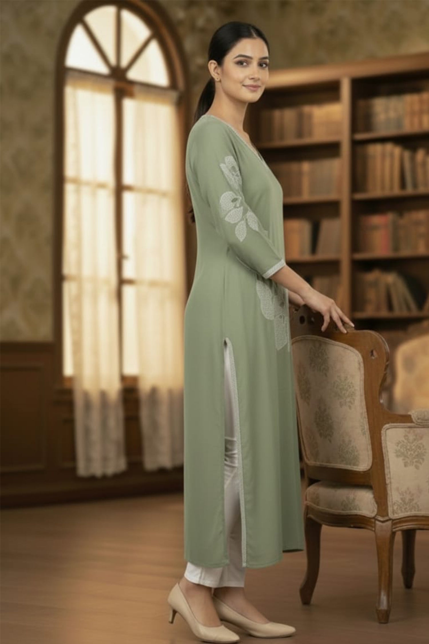 Floral Grace V-Neck Long Kurti