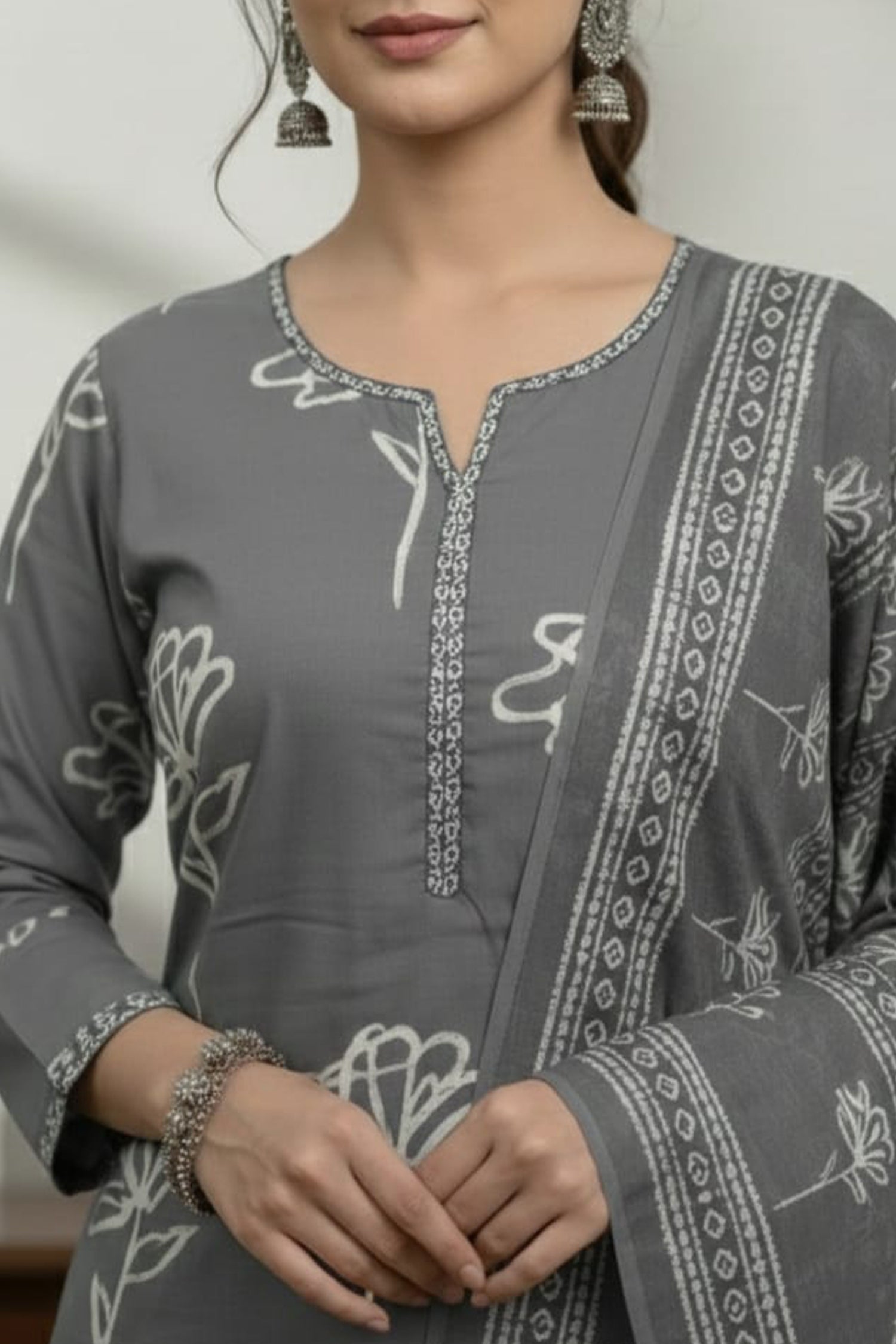 Grey & Mauve Printed Kurti Pant Set with Dupatta