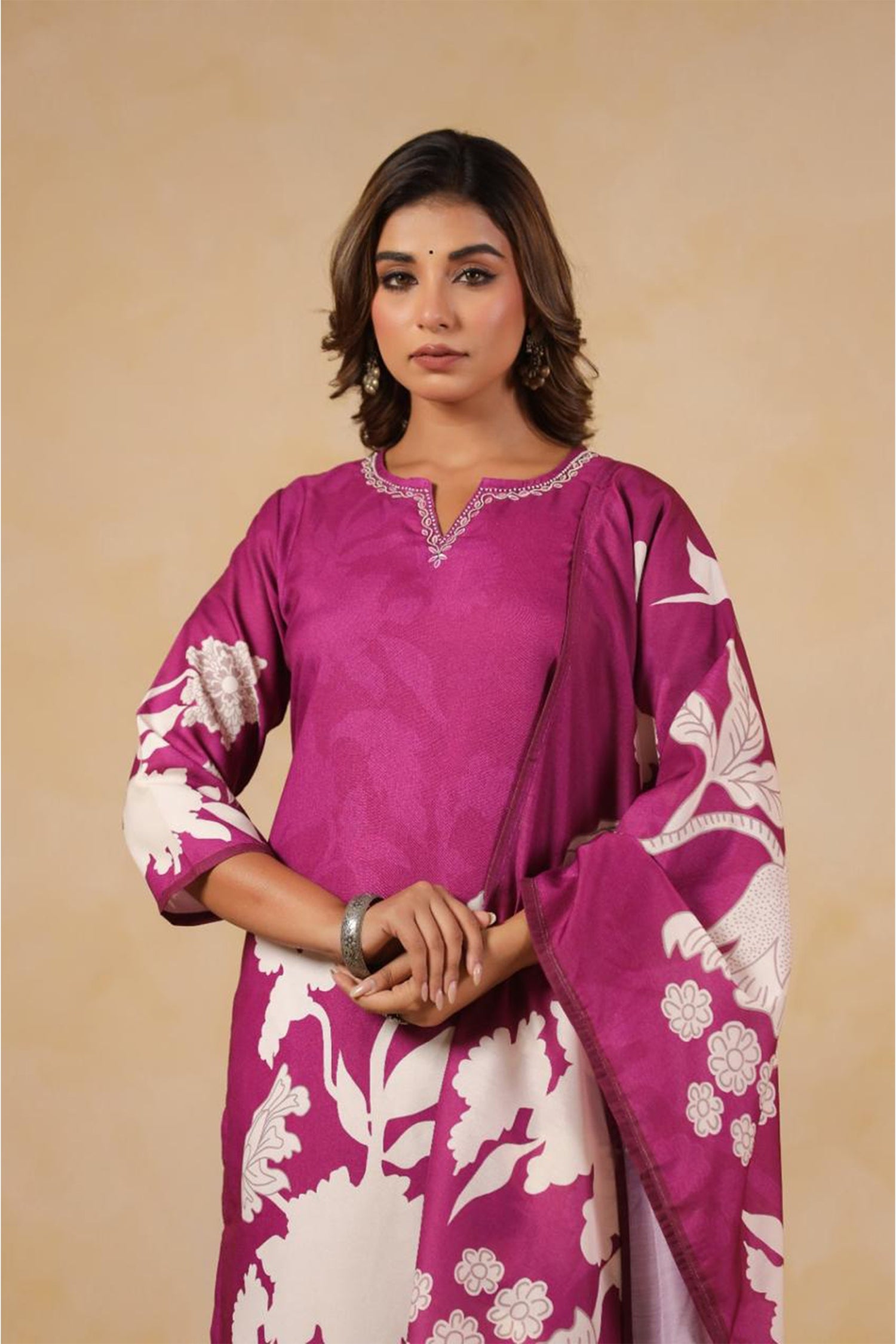 Women Magenta Floral Printed Kurta Set with Dupatta | Straight Fit Kurta Pant Set | Ethnic Wear for Women
