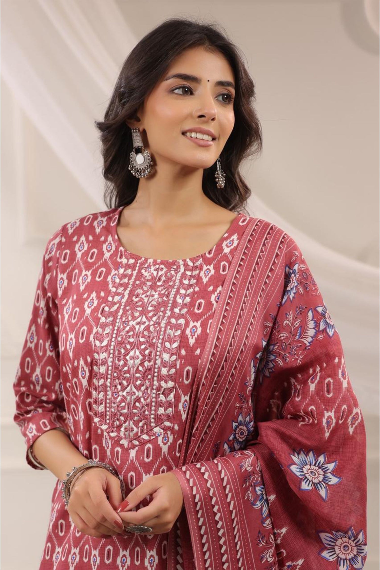 Women Rust Red Printed Kurta Set with Dupatta | Straight Fit Kurta Pant Set | Ethnic Wear for Women