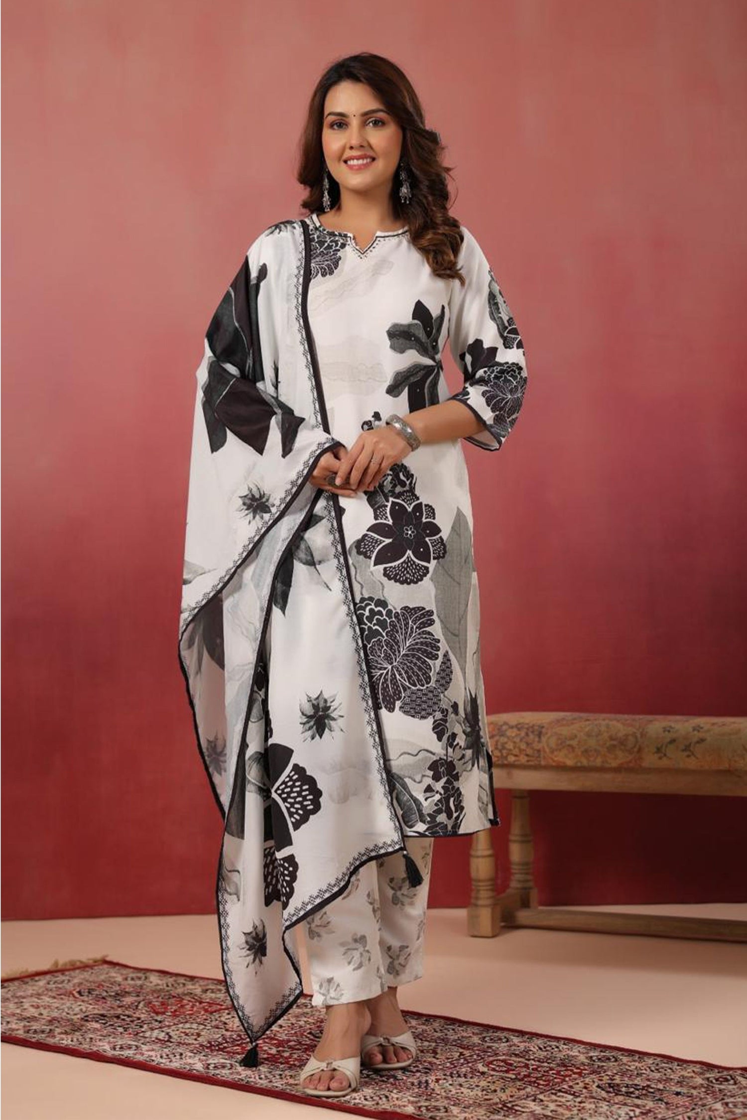 Women White & Black Floral Printed Kurta Set with Dupatta | Straight Fit Kurta Pant Set | Ethnic Wear for Women