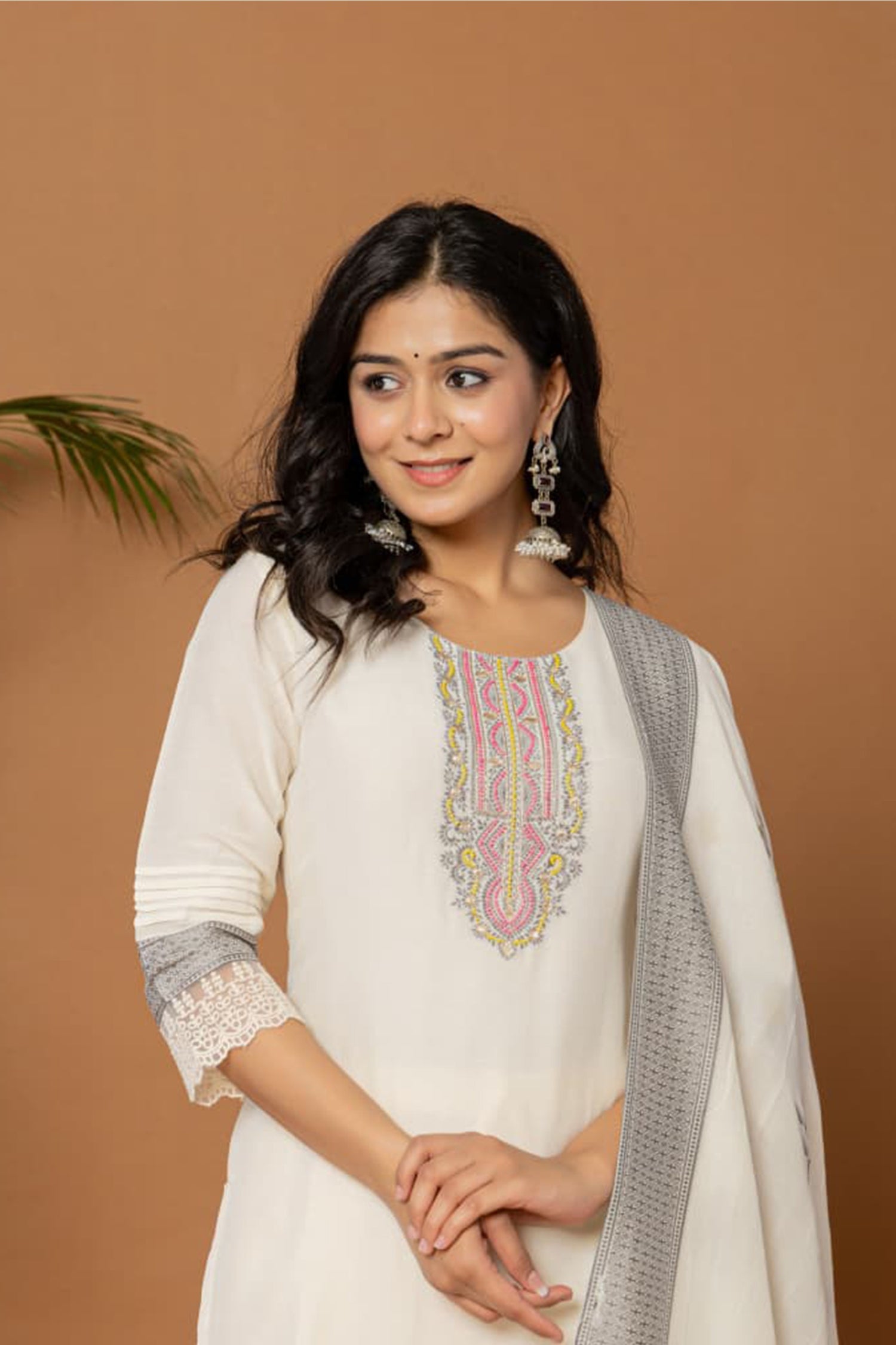 Women Off White Cotton Kurta Set with Dupatta