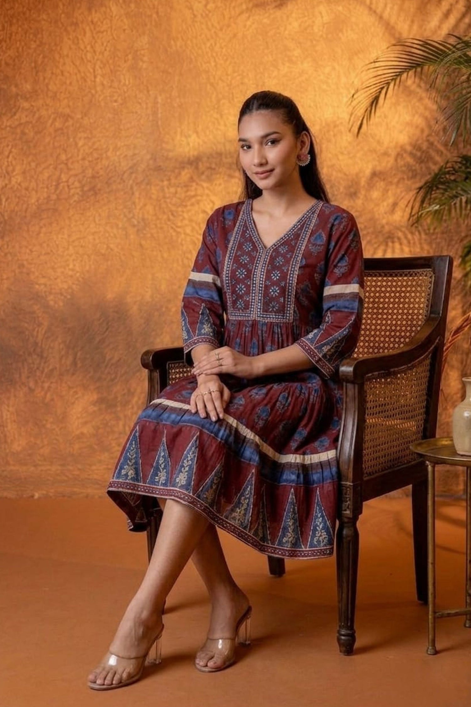 Women Ethnic Printed Fit & Flare Knee Length Dress | V-Neck Cotton Casual Fusion Dress