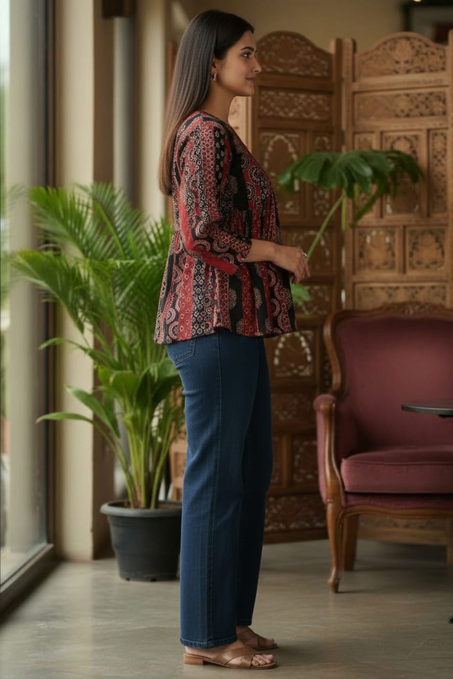 Maroon & Black Printed Short Top