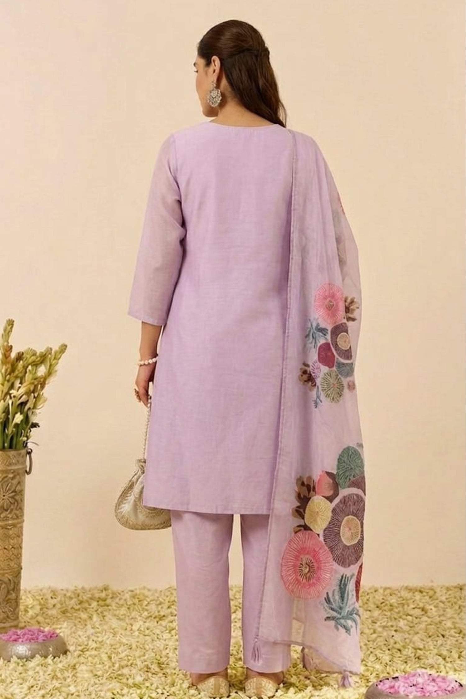 “Lavender Floral 3-Piece Kurta Pant Dupatta Set | Straight Fit”