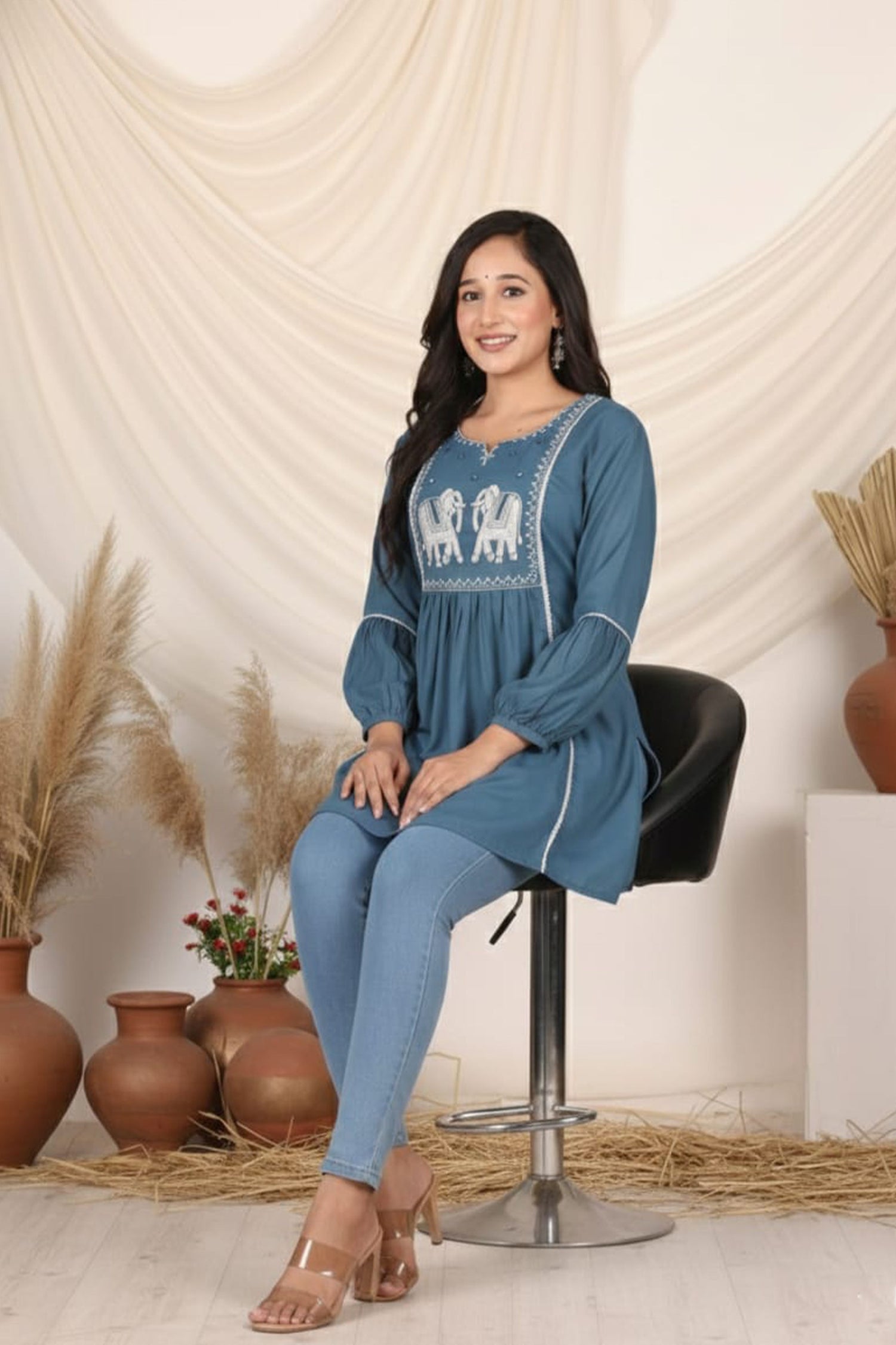 Royal Elephant Embroidered Flared Kurti for Women