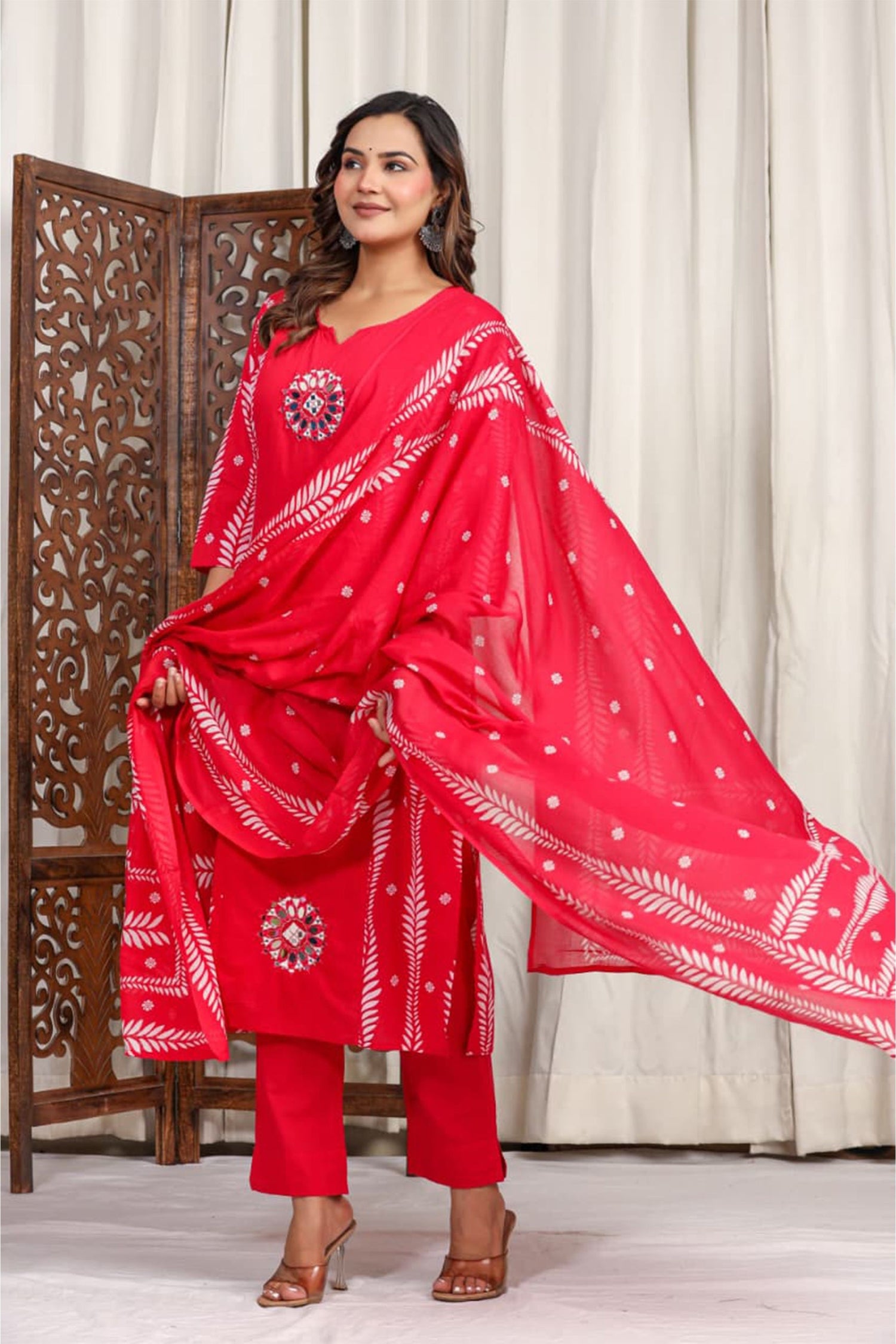 Women Red Cotton Printed Kurta Set with Dupatta