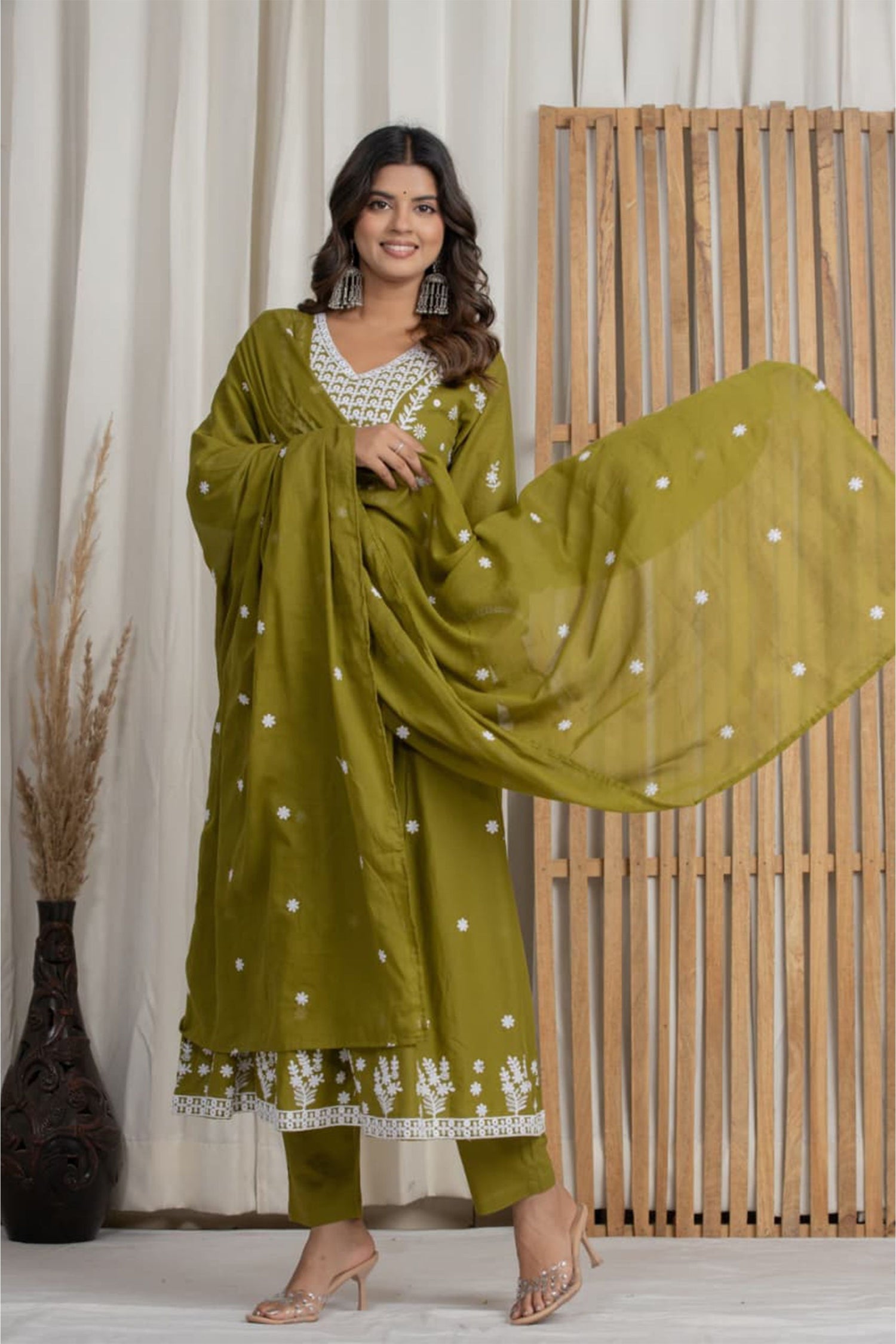 Women Olive Green Cotton Kurta Set with Dupatta