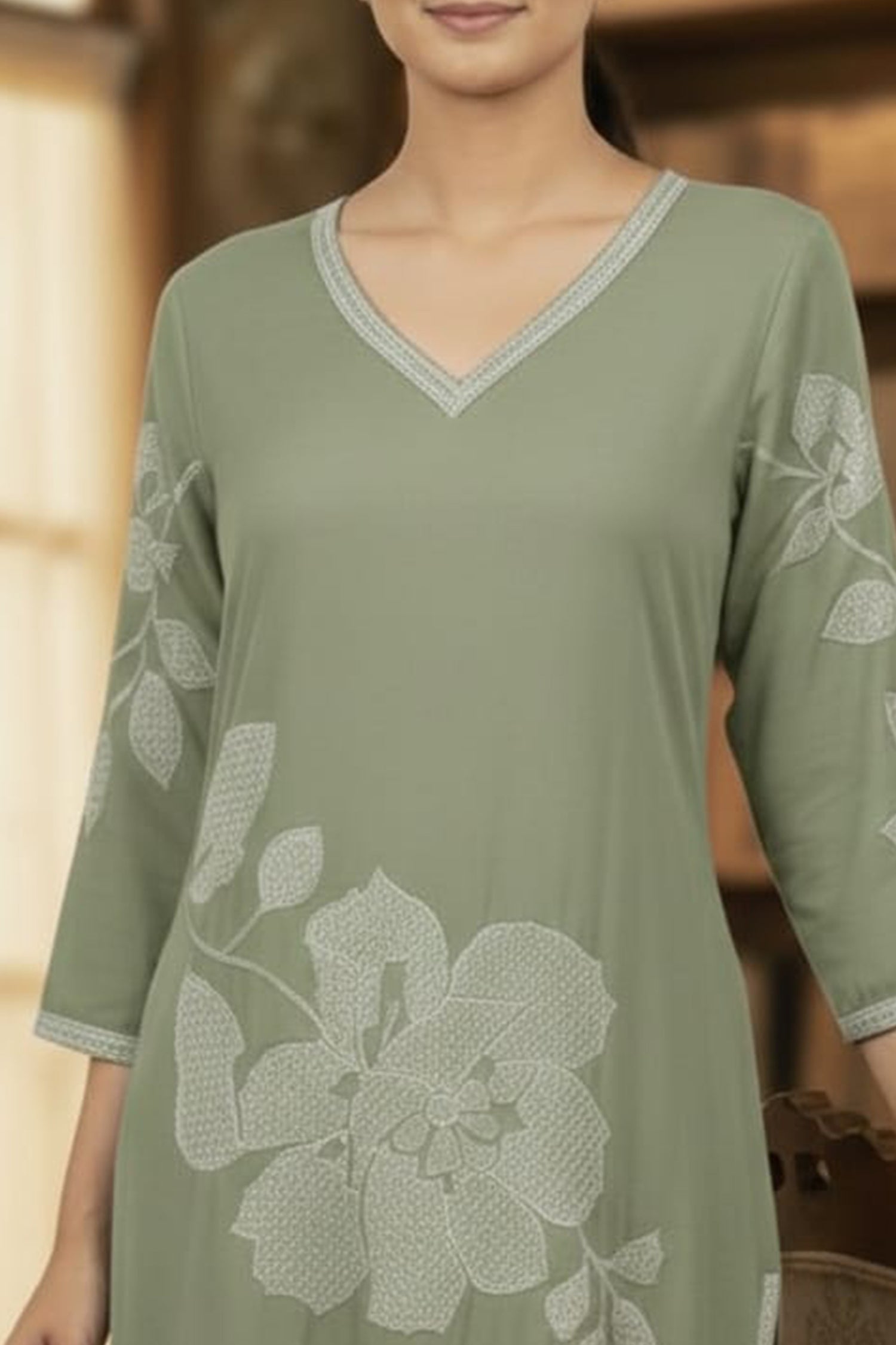 Floral Grace V-Neck Long Kurti